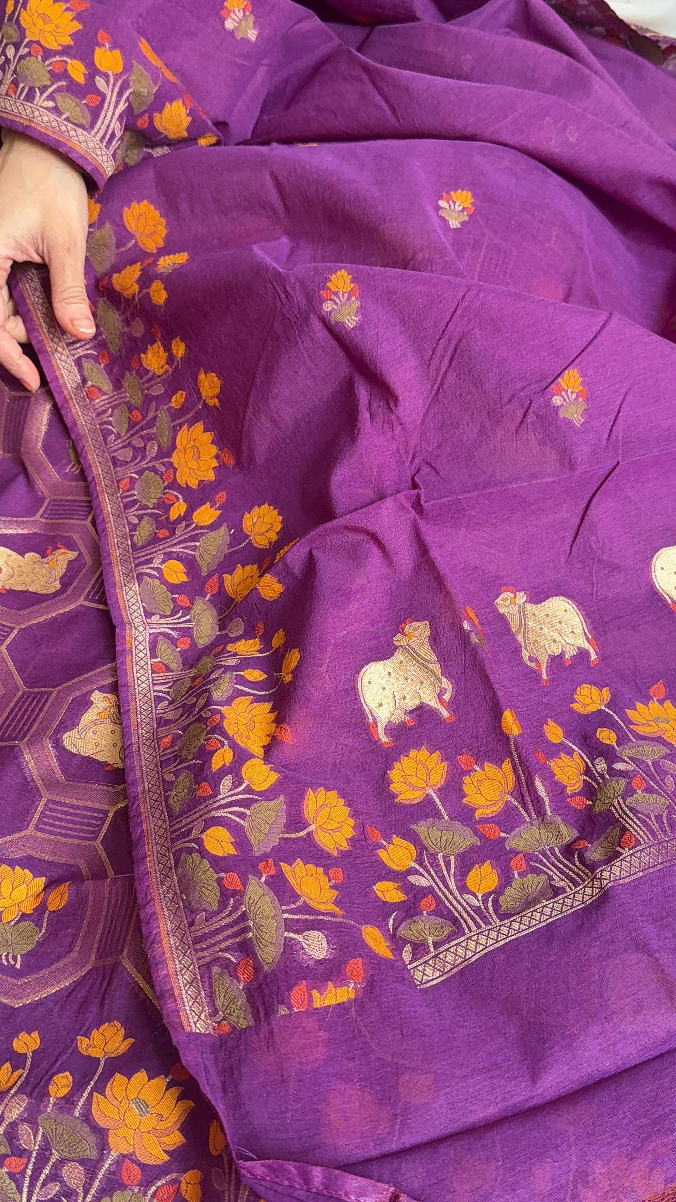 Mul cotton banarasi meenakari nandu motif suit sets