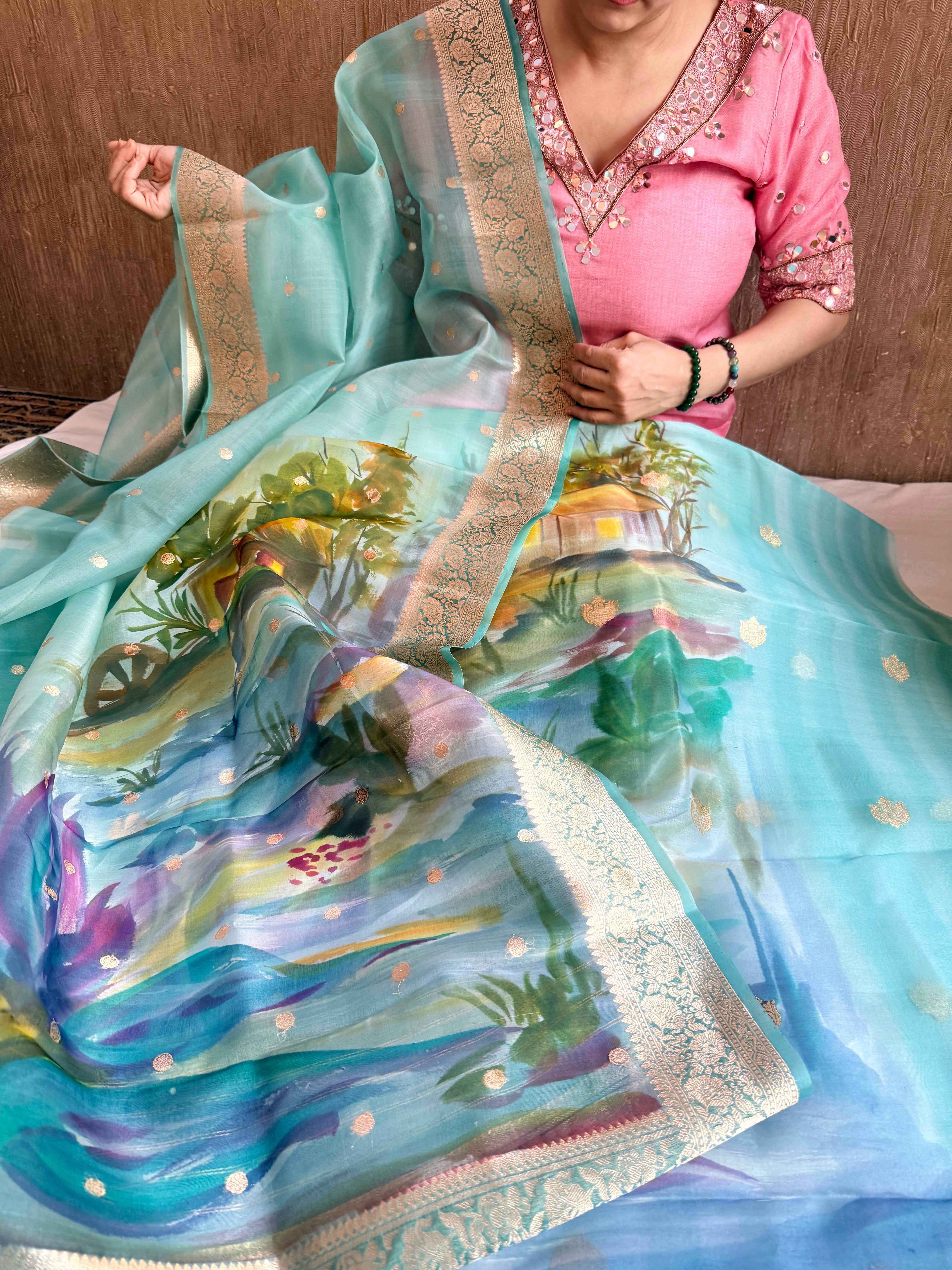 Banarasi kora silk handpainted ghatwork kadhwa buti rainbow dye suits