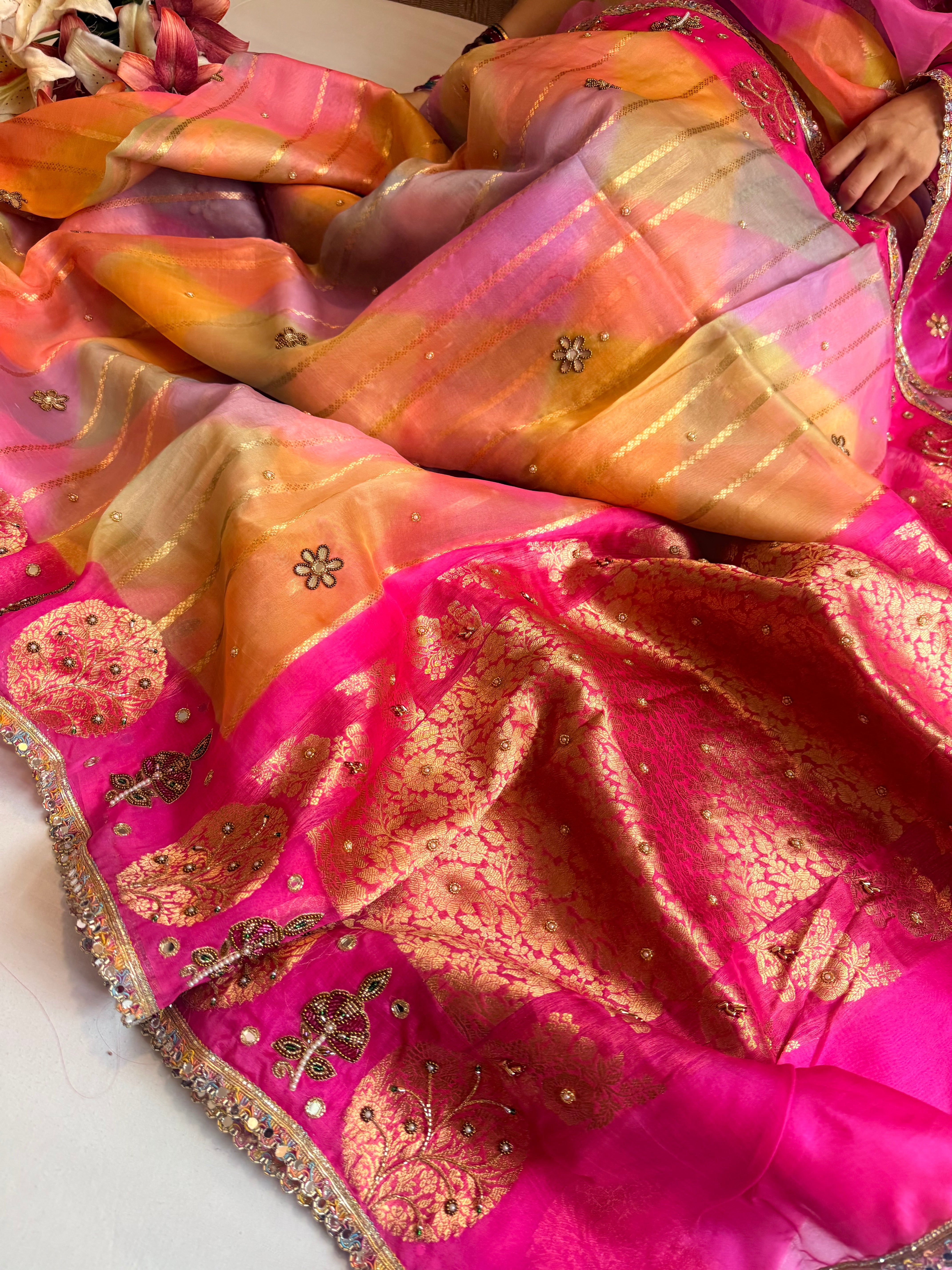 Gulab ka ras - Kora silk rangkaat weaving hand embroidered zubieda inspired saree