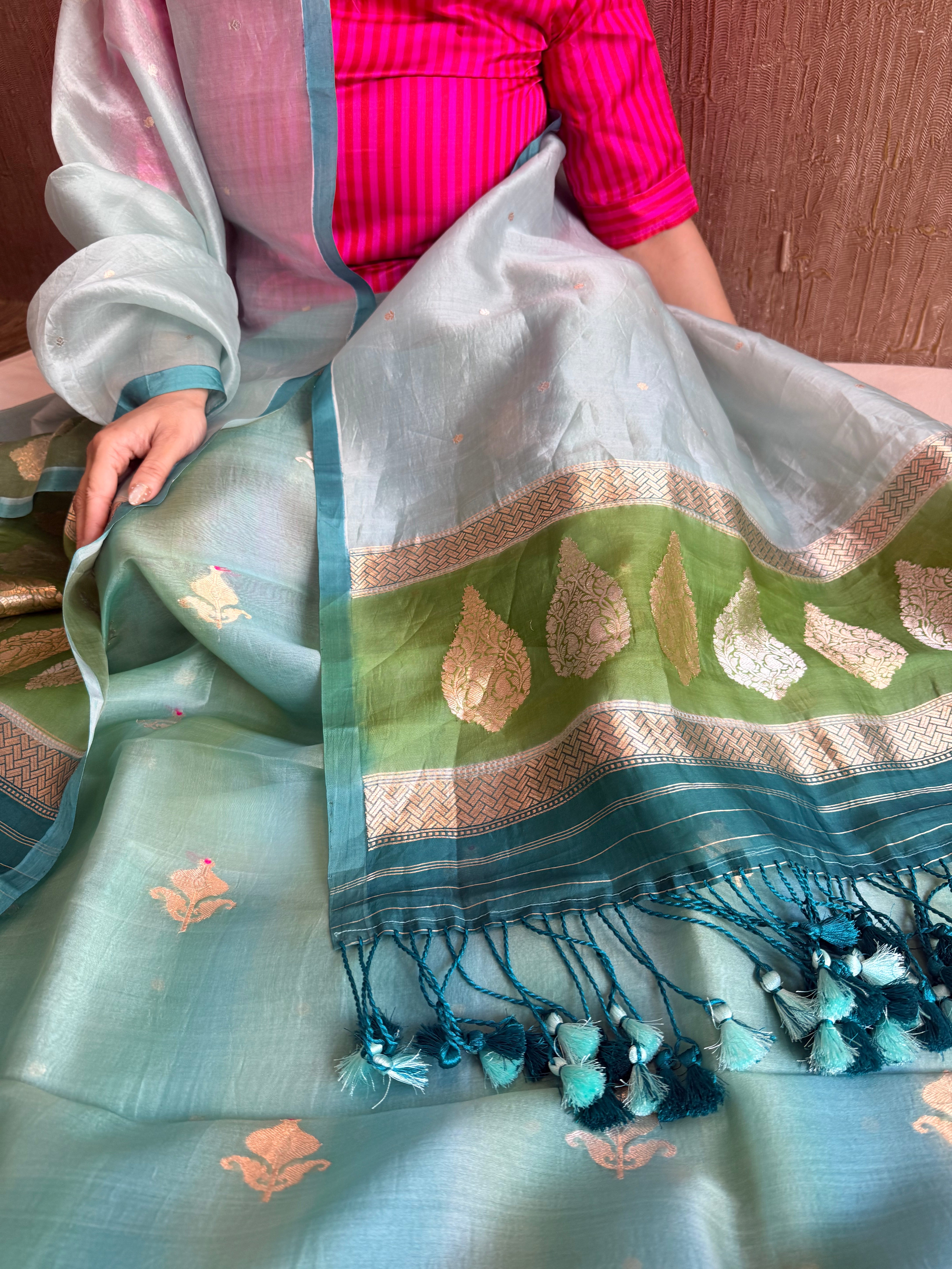 Ice blue shaded kora silk rainbow dye kadhwa banarasi suit set
