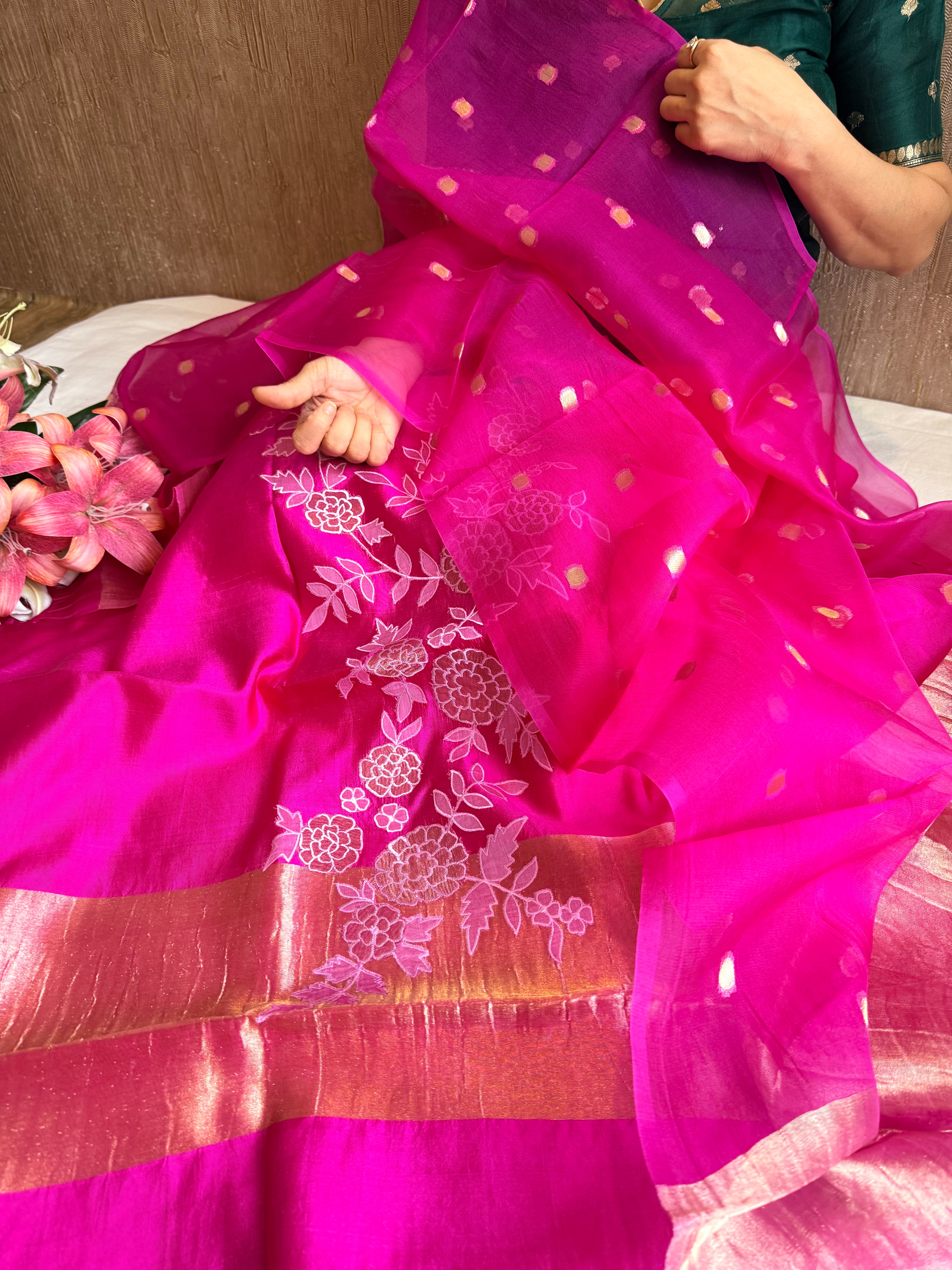 Mango tissue silk appliqué work suit set with kora tissue duppata