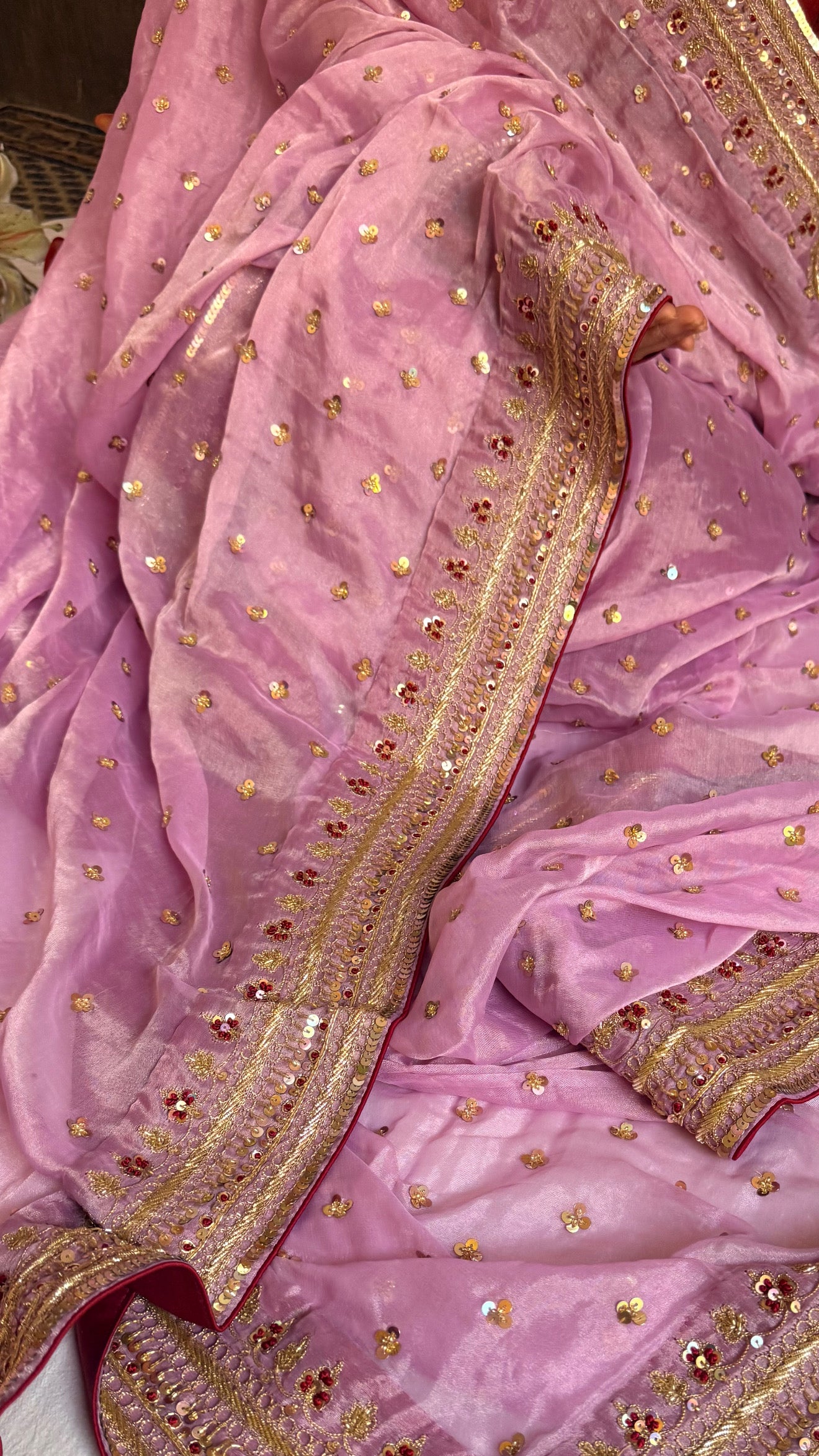 Blush pink tissue gorgette chunri buti hand embroidered kadhwa saree