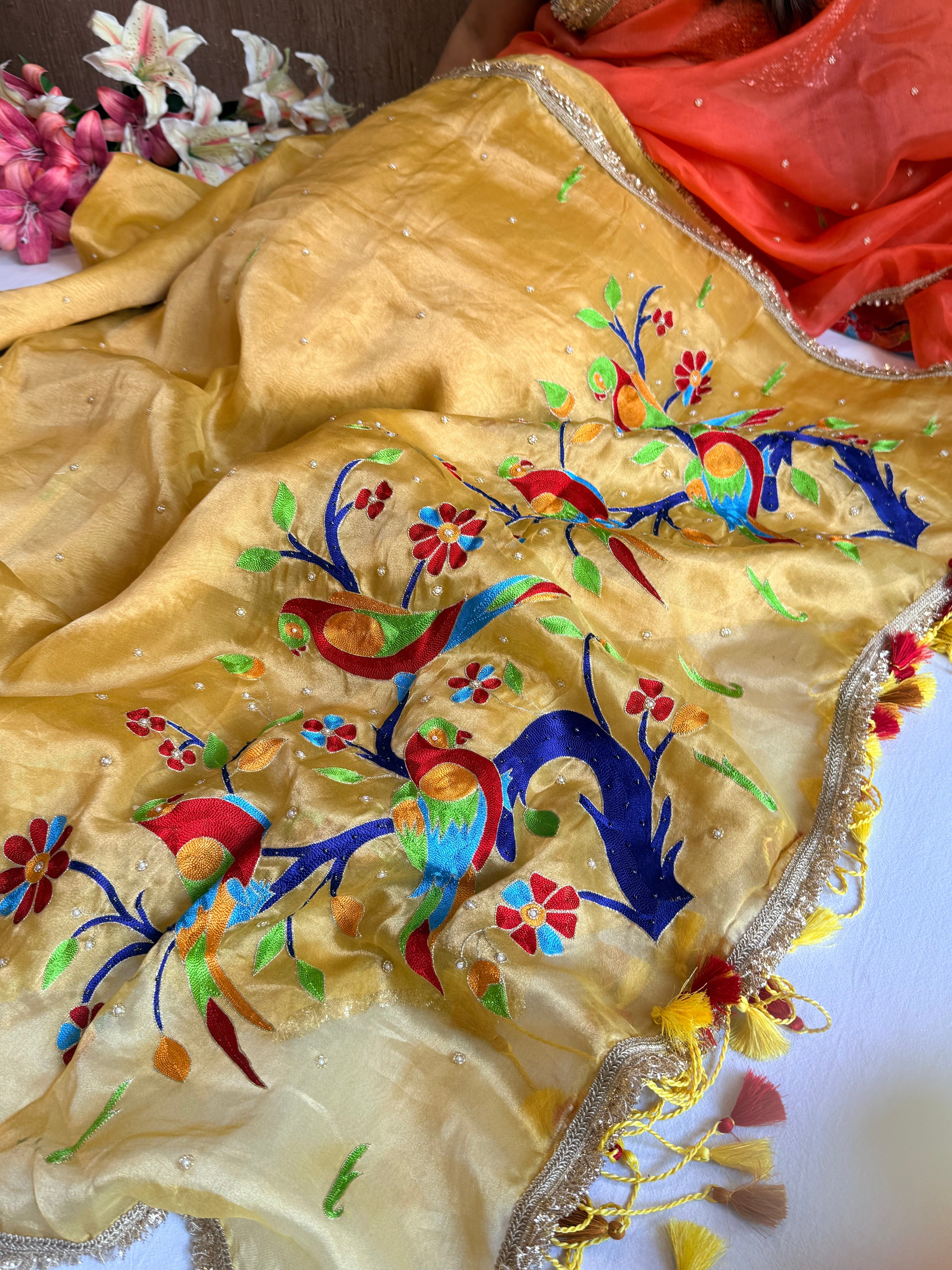 Butter yellow tissue silk paithani weaving hand embroidered kadhwa saree