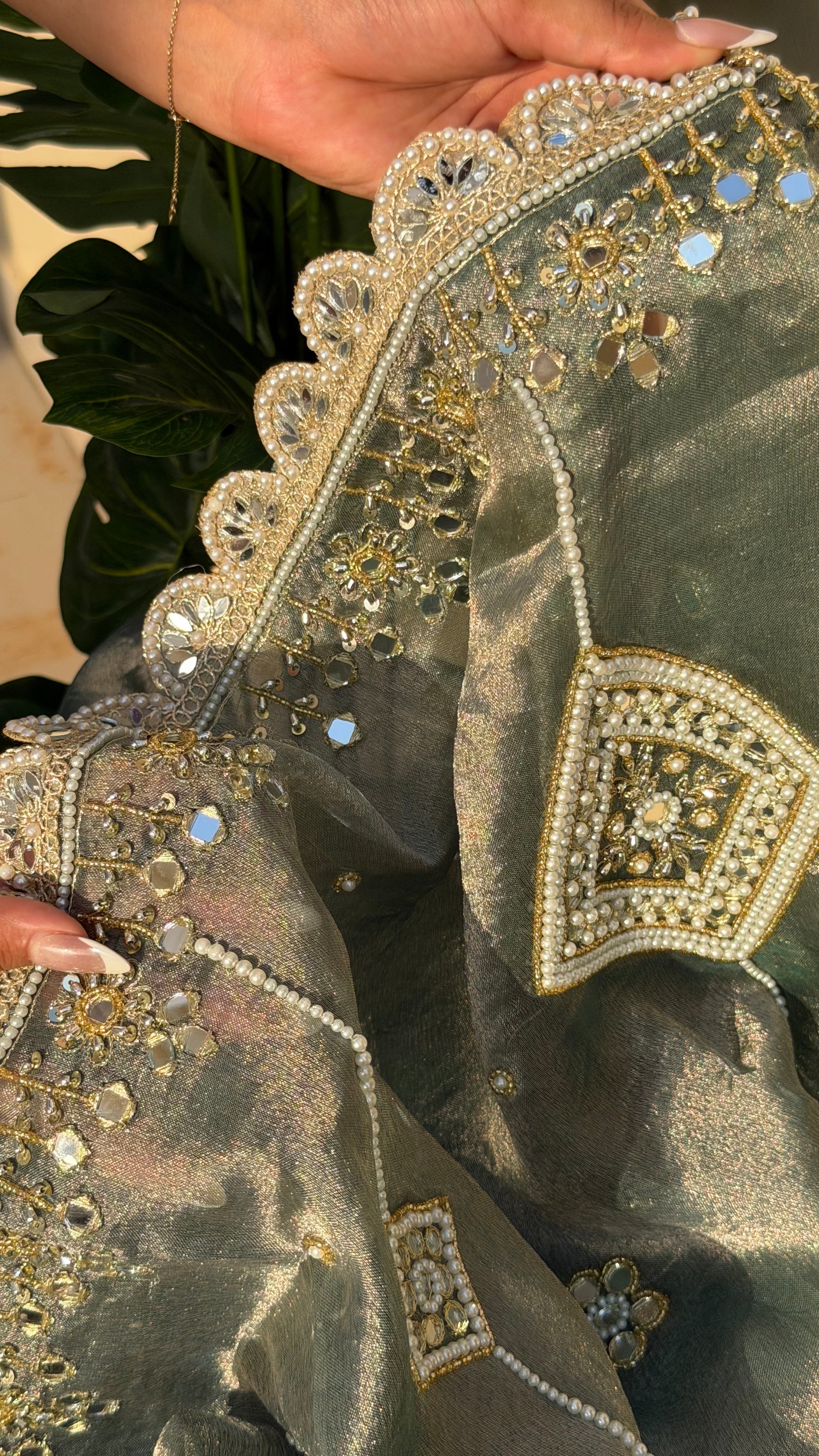 Coriander mint tissue silk pearlwork and mirrorwork hand embroidered saree