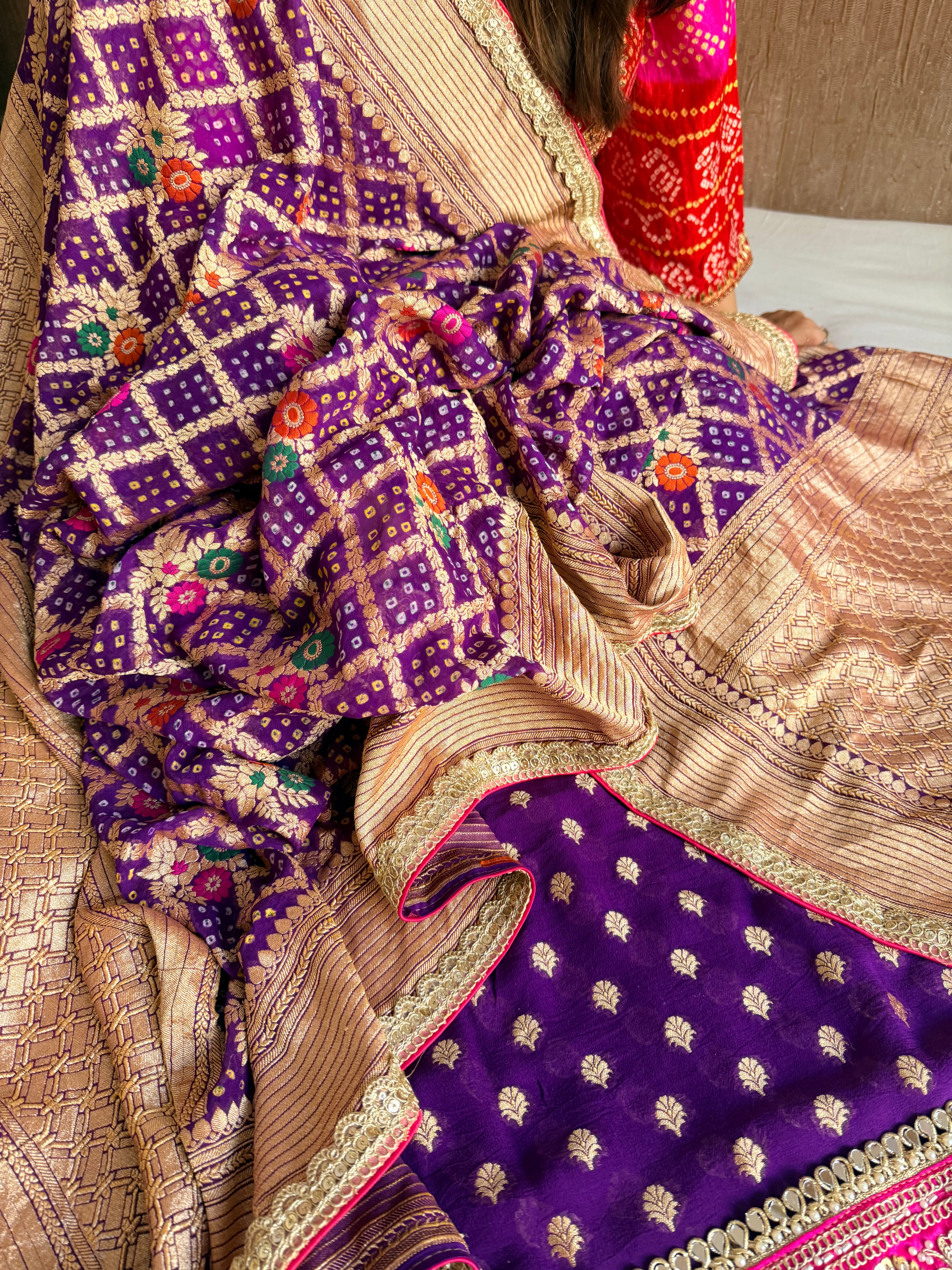 Rai bandhej bridal purple banarasi chiffon gorgette gotapatti suits