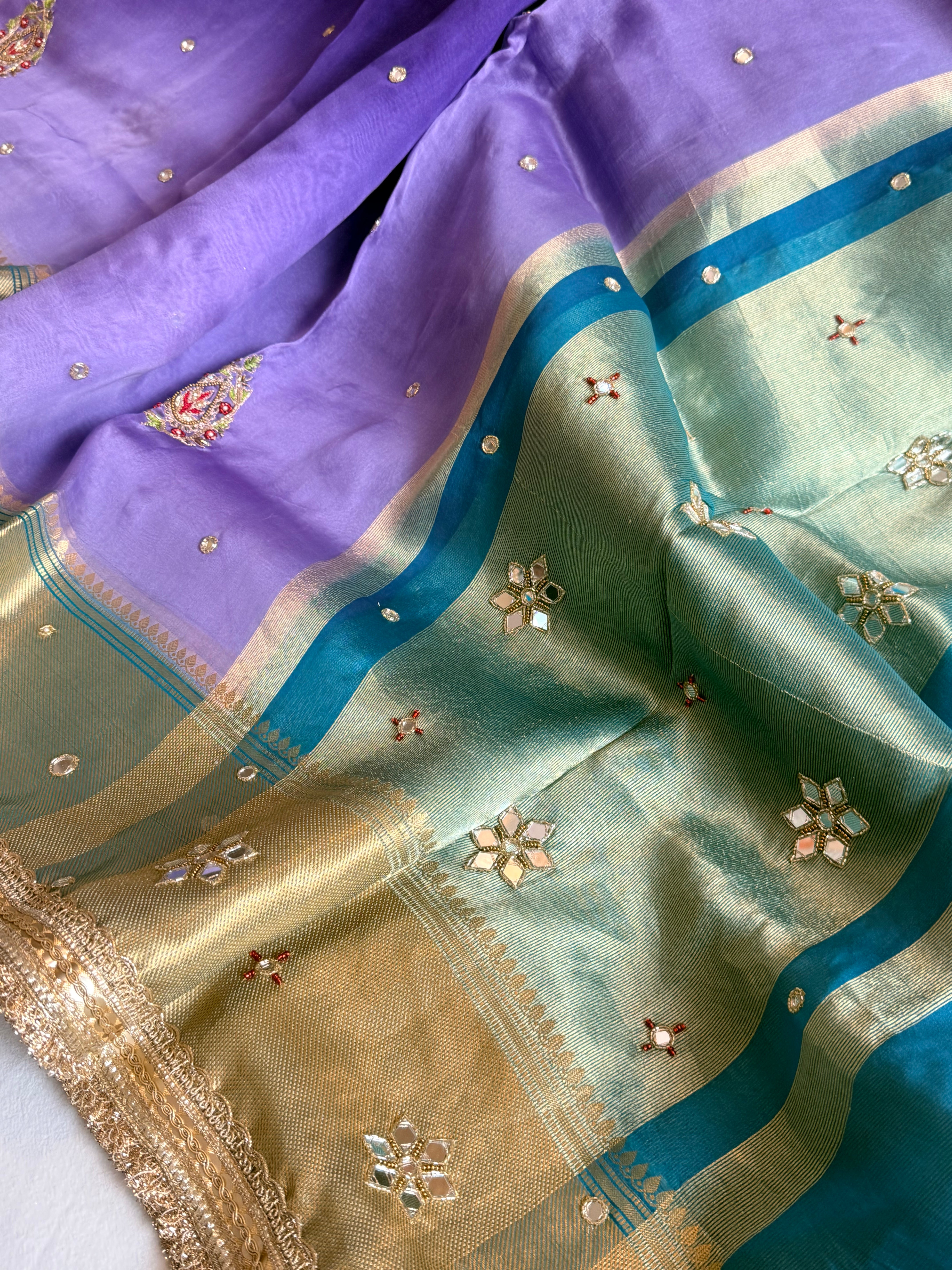 Husn ganga jamuna contrast border kora silk hand embroidered saree
