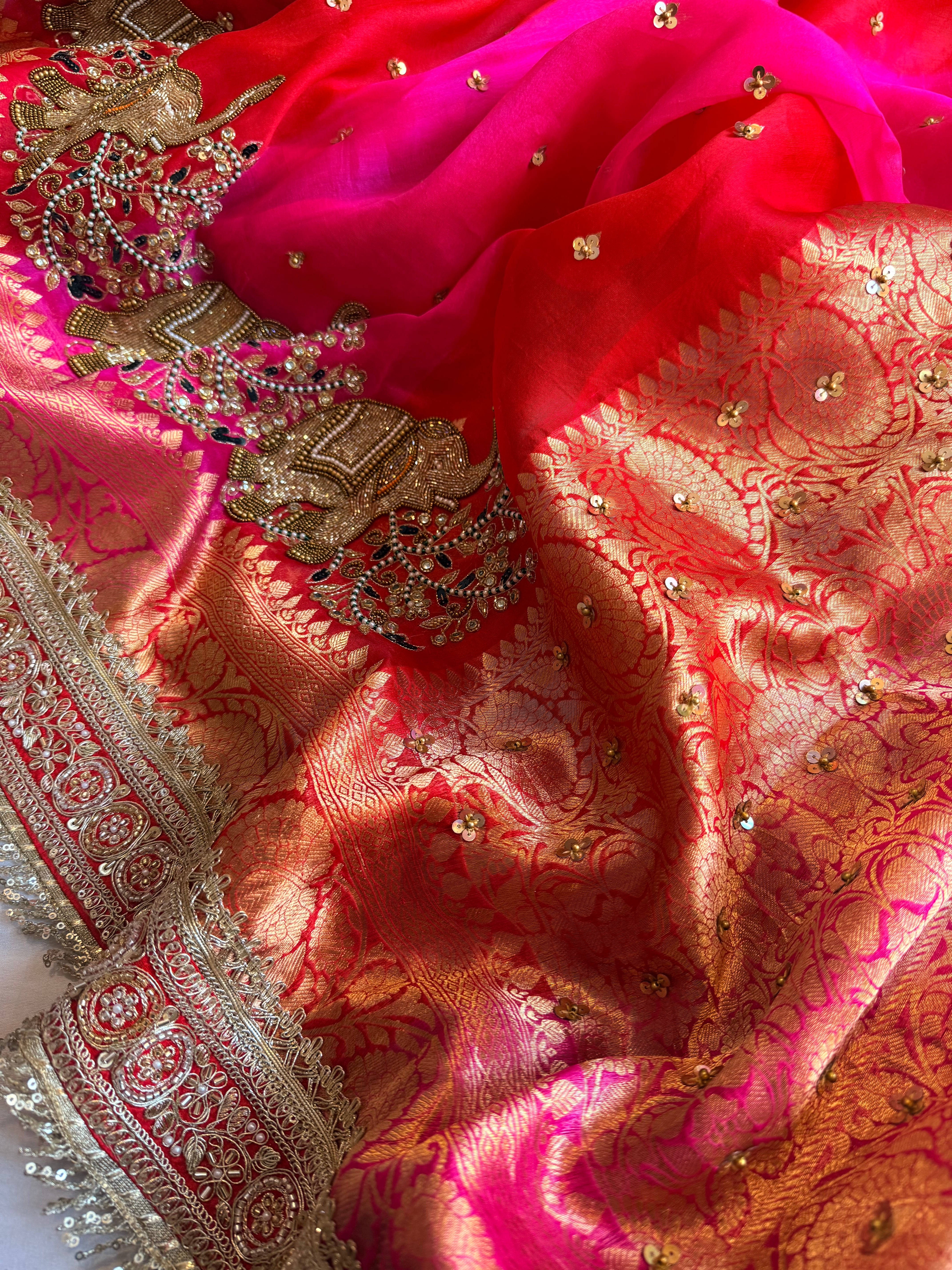 Red-Rani ombre shaded kora silk chunri buti hand embroidered saree