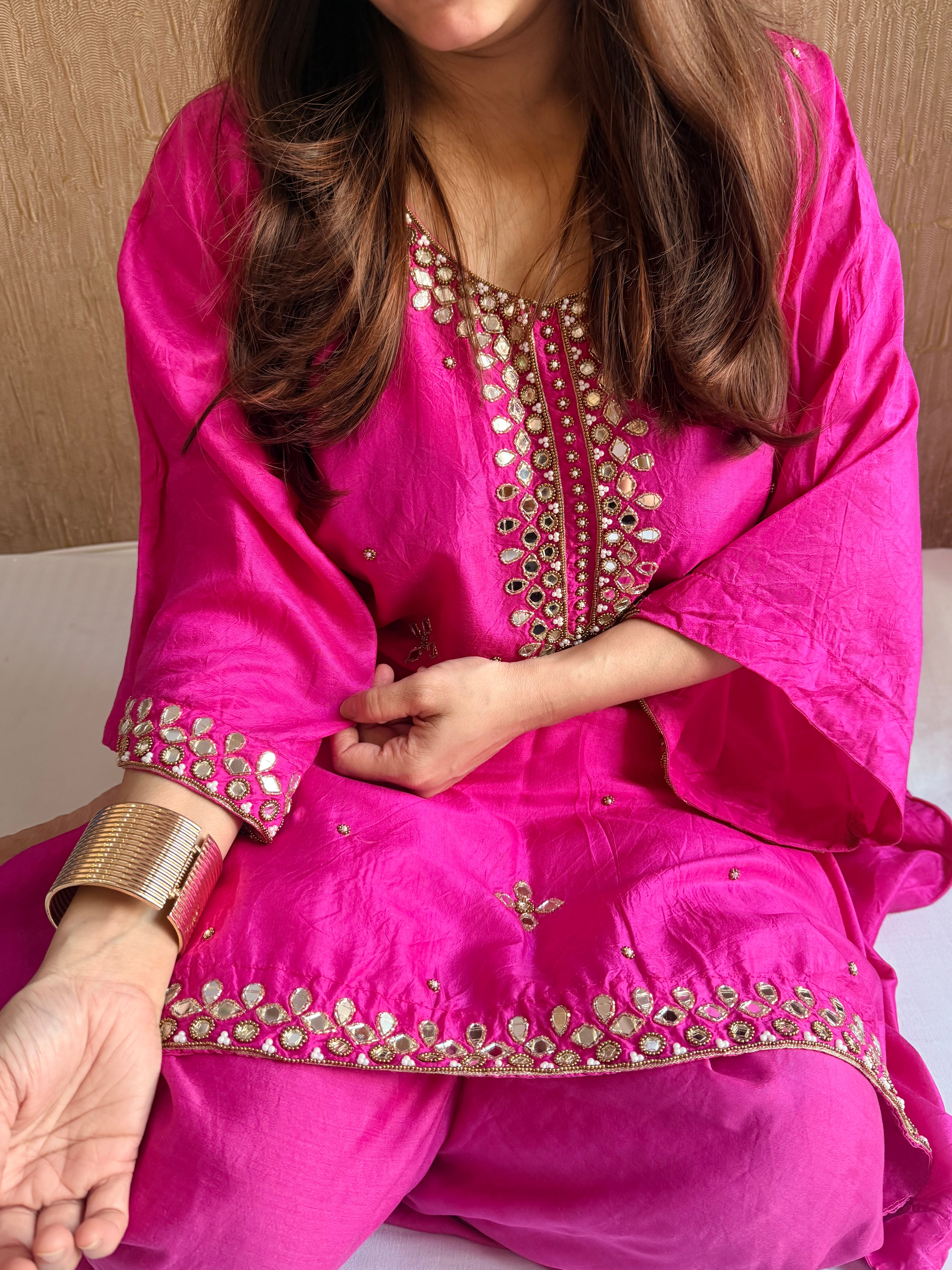 Mashru satin silk free size mirror work hand embroidered kaftan set with bottom