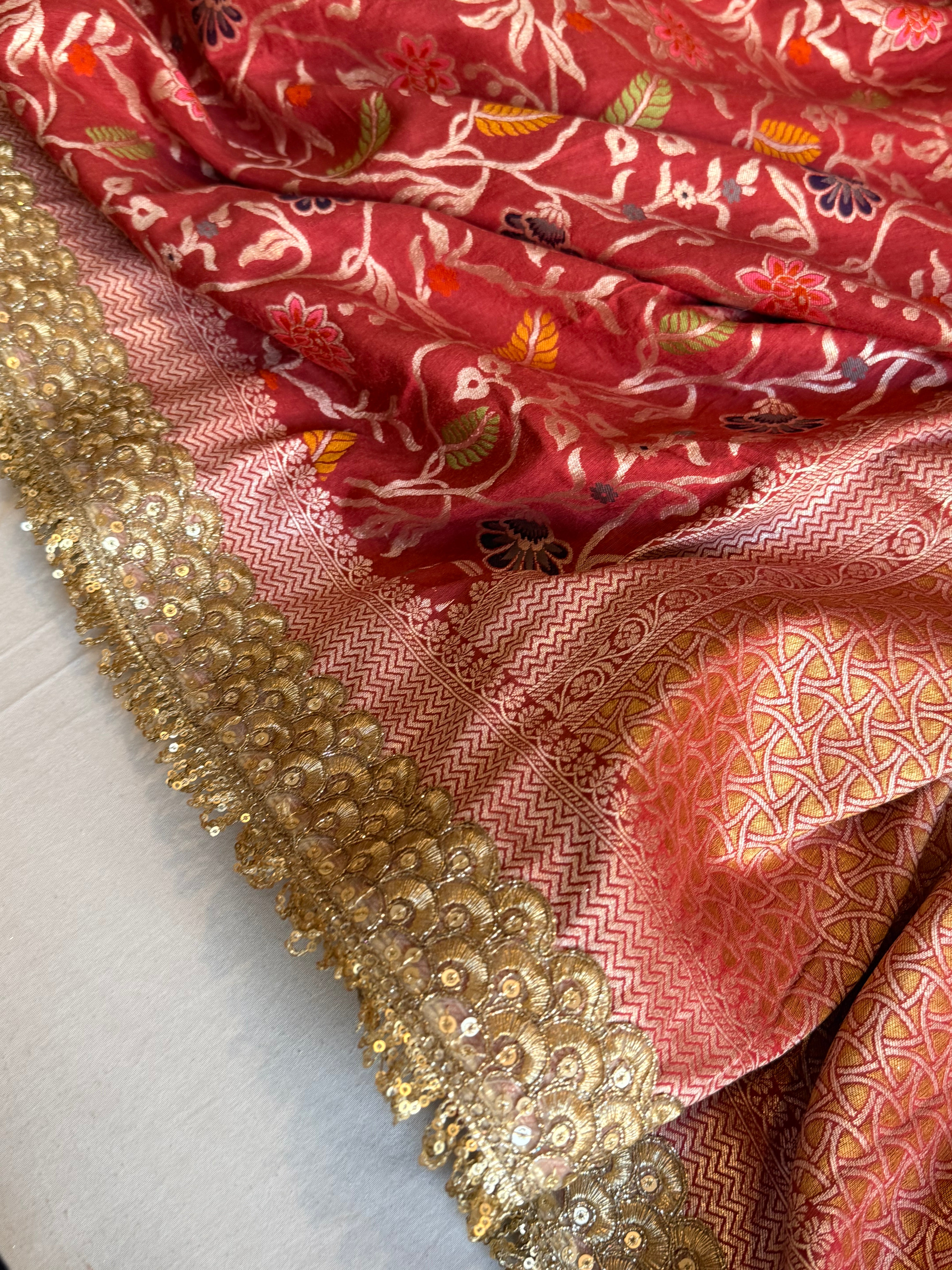 Blood red moonga silk kadhwa jaal meenakari gotapatti saree