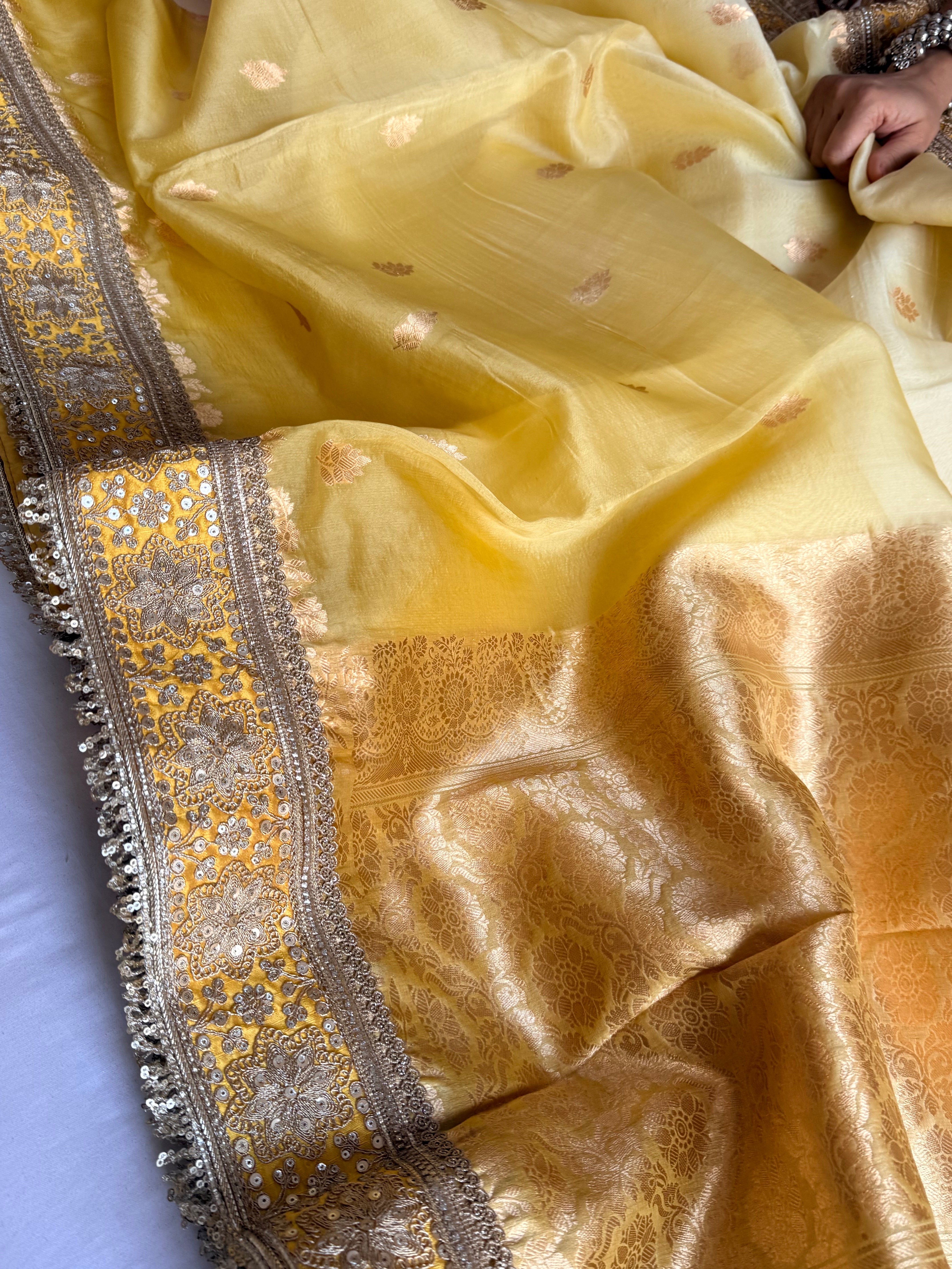 Banarasi butter yellow kora silk ombré shaded kadhwa saree