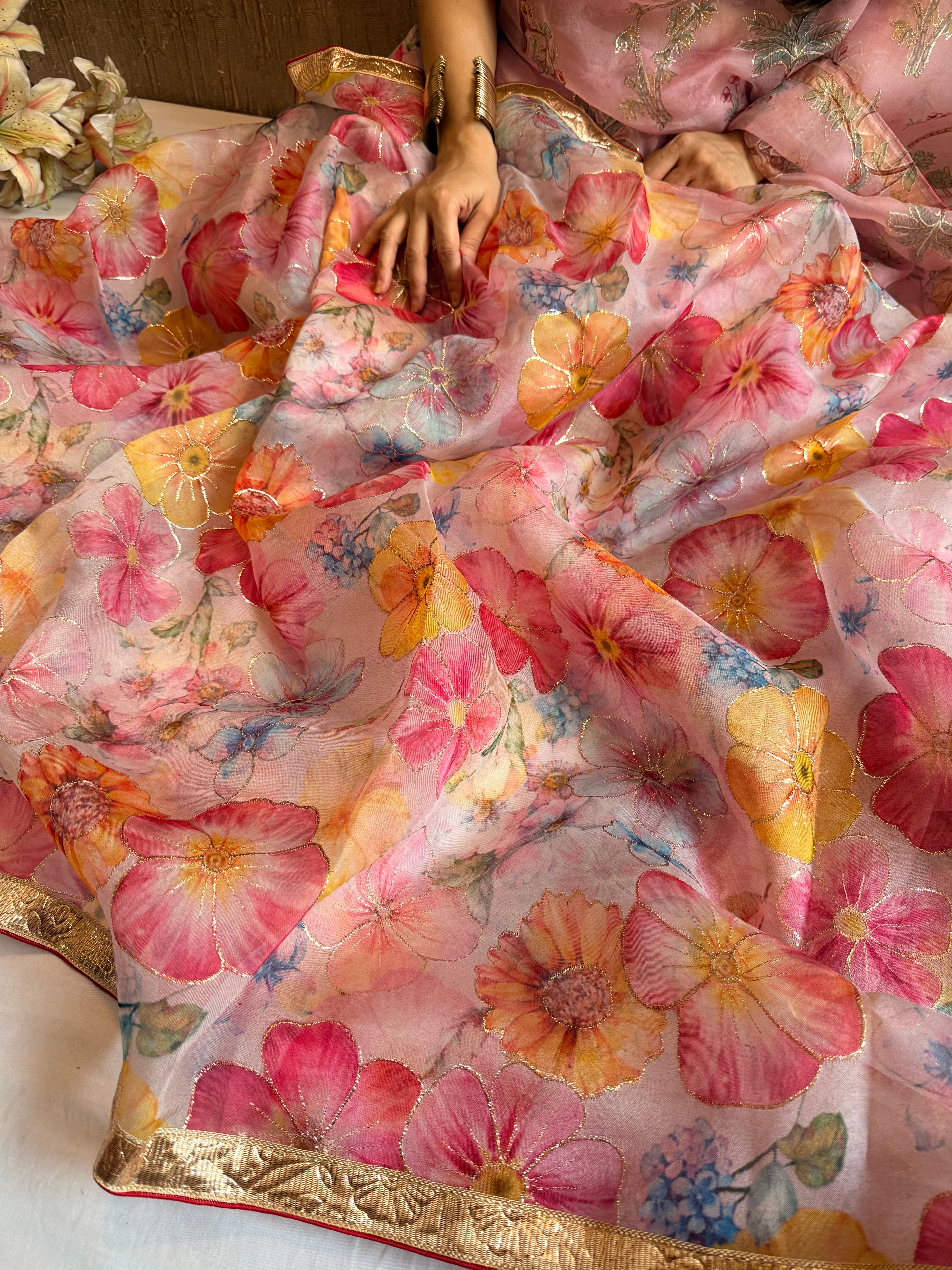 Kora silk printed lampi gotapatti hand embroidered saree