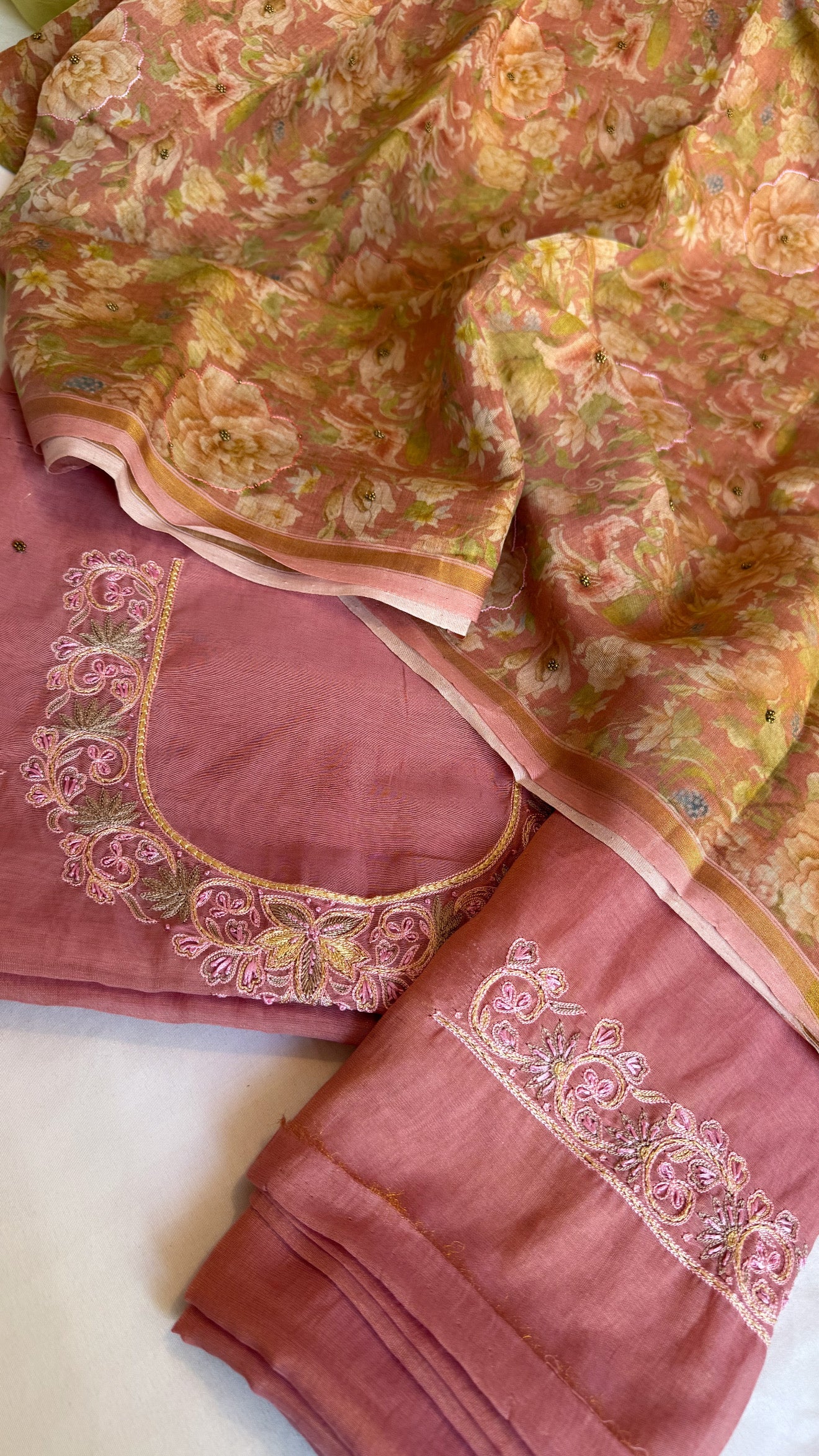 Dark peach resham hand embroidered mul cotton suit set