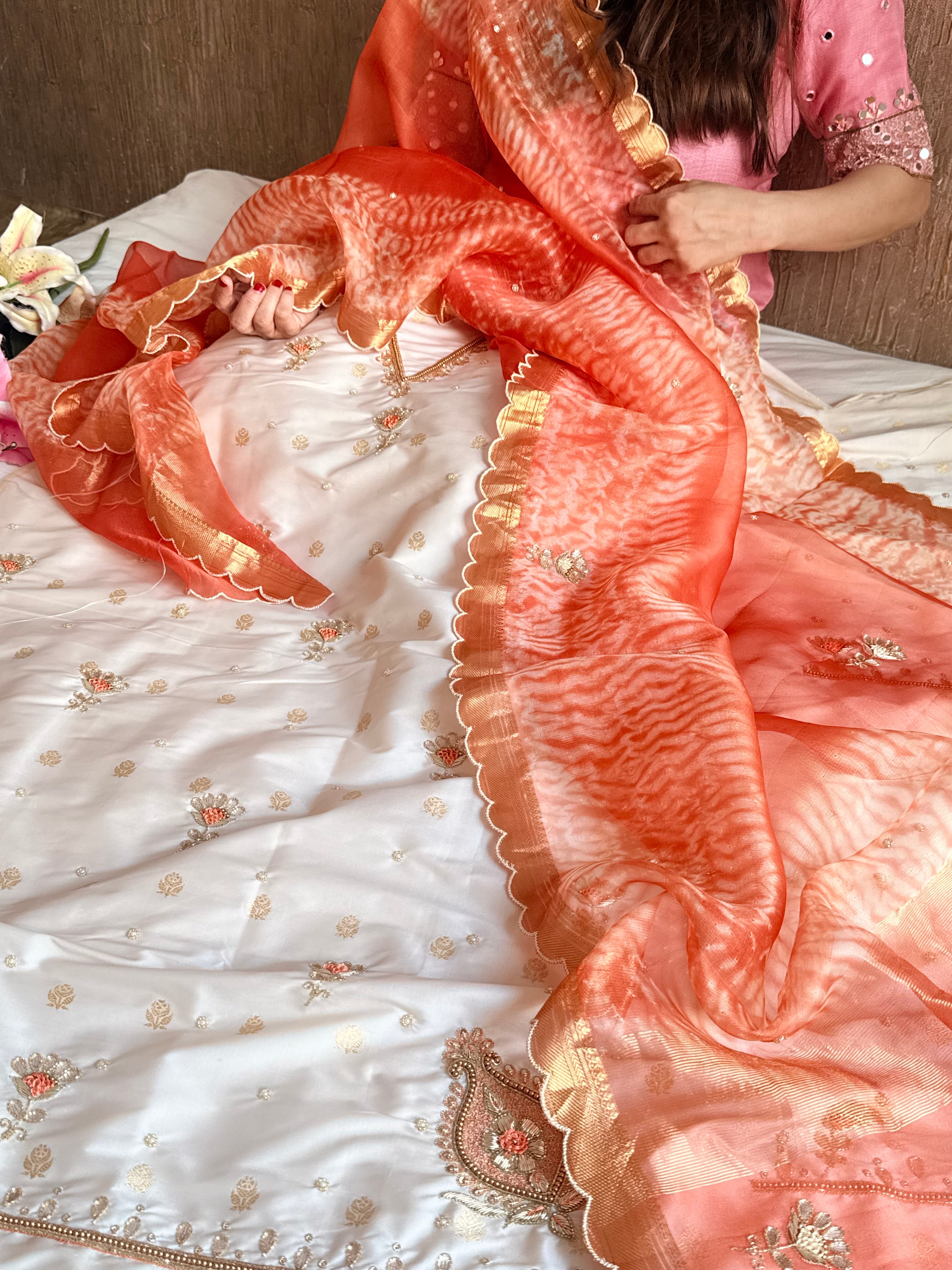 Shibori edit - Katan silk kadhwa kurta paired with hand embroidered kora shibori duppata