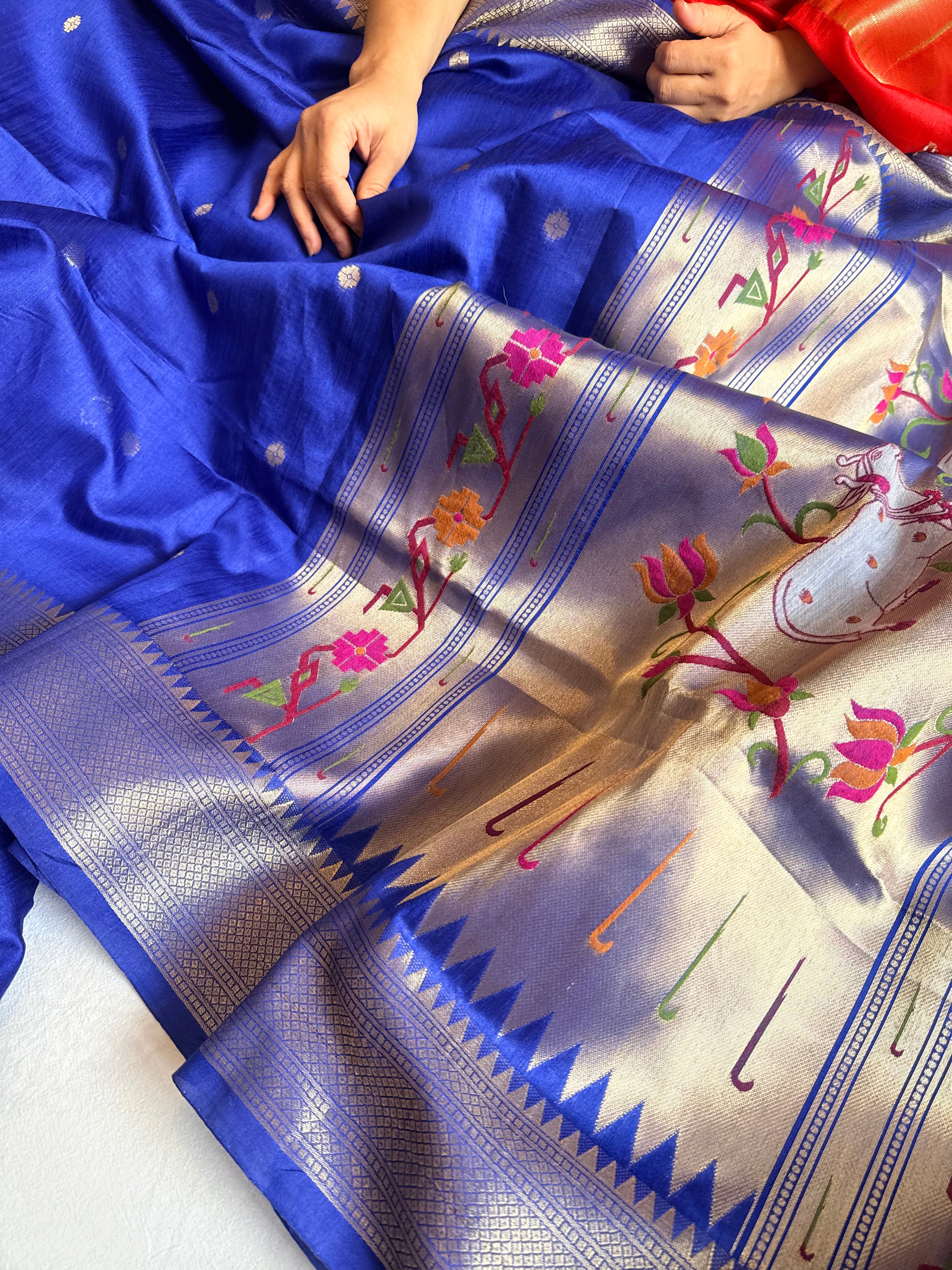 Ink blue mul cotton paithani weaving kadhwa banarasi saree