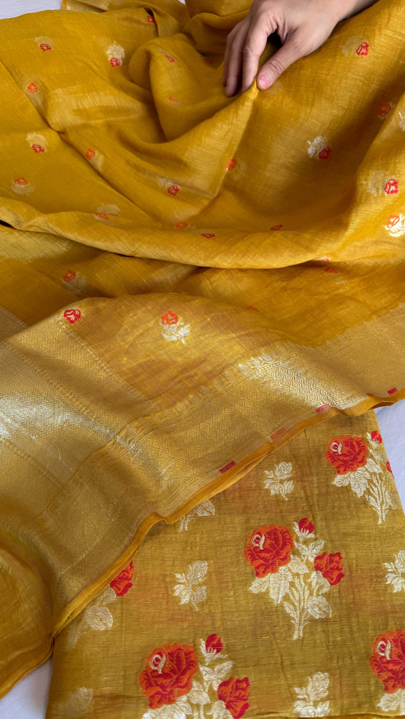 Linen gorgette olive mustard meenakari kadhwa rose buta suit set