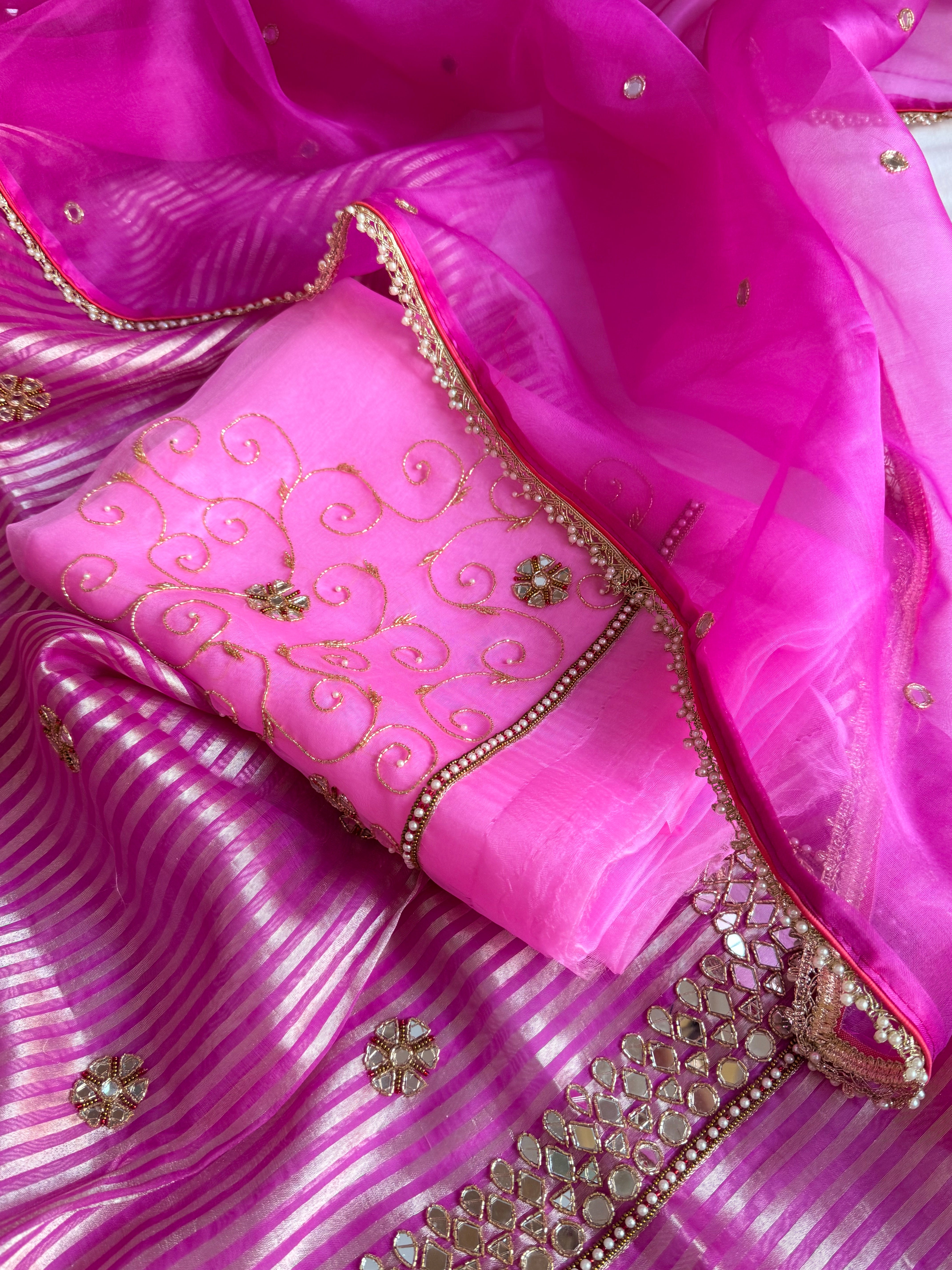 Kora silk silver zari striped mirror work edit hand embroidered kadhwa suit set