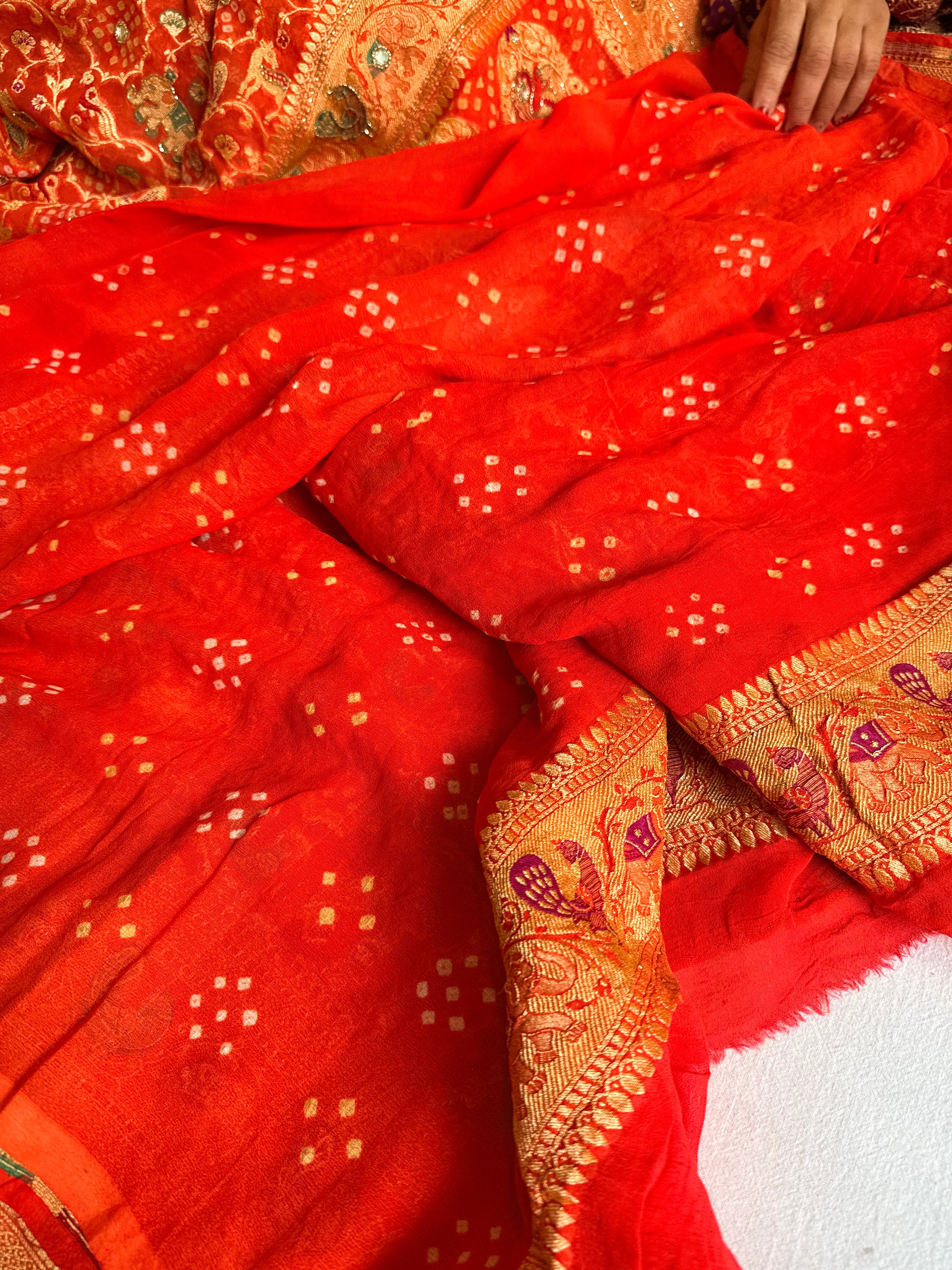 Banarasi chiffon gorgette rai bandhej kadhwa weaving hand embroidered saree