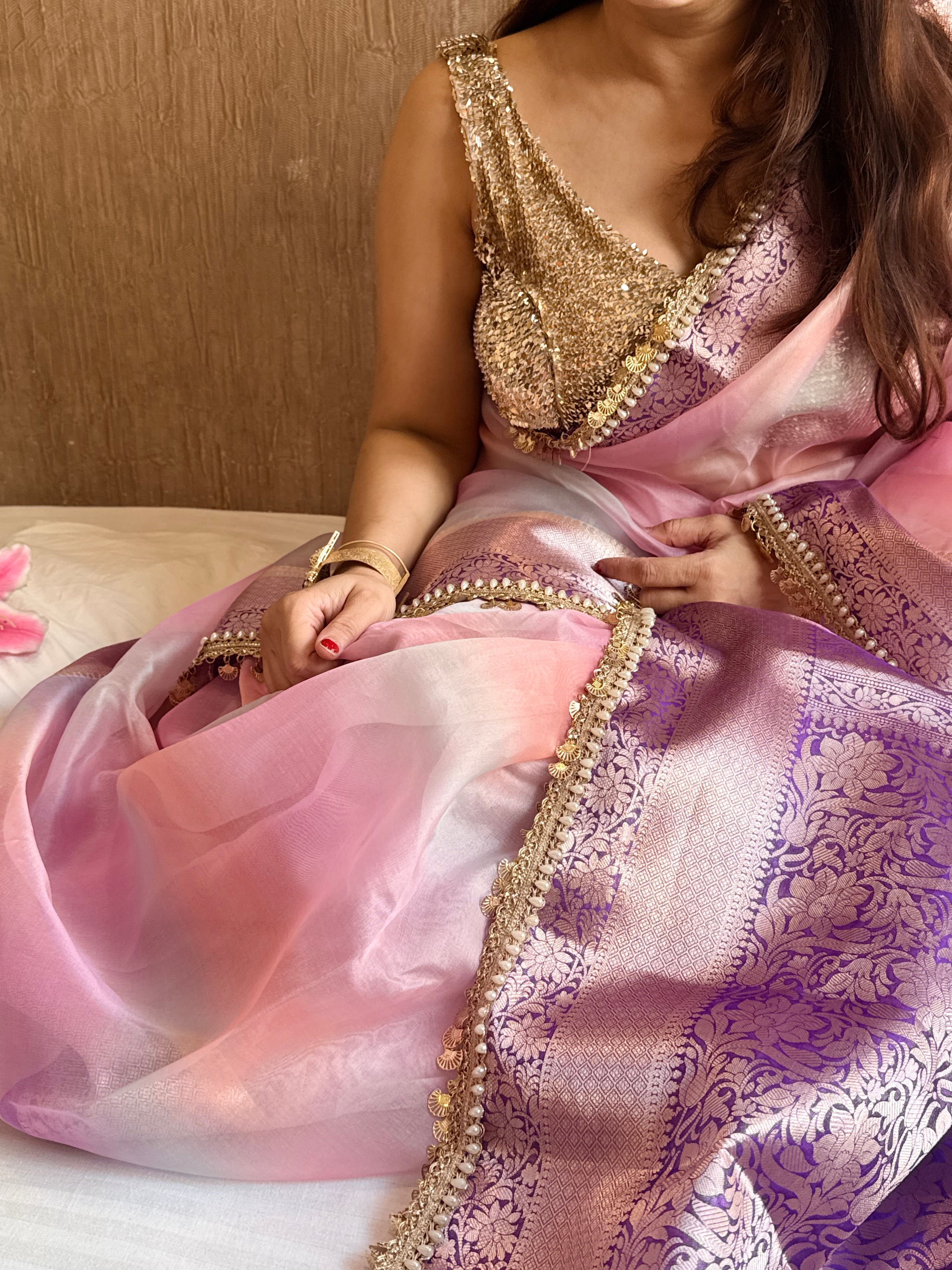 Banarasi kora silk rainbow dyed kadhwa saree with gotapatti work