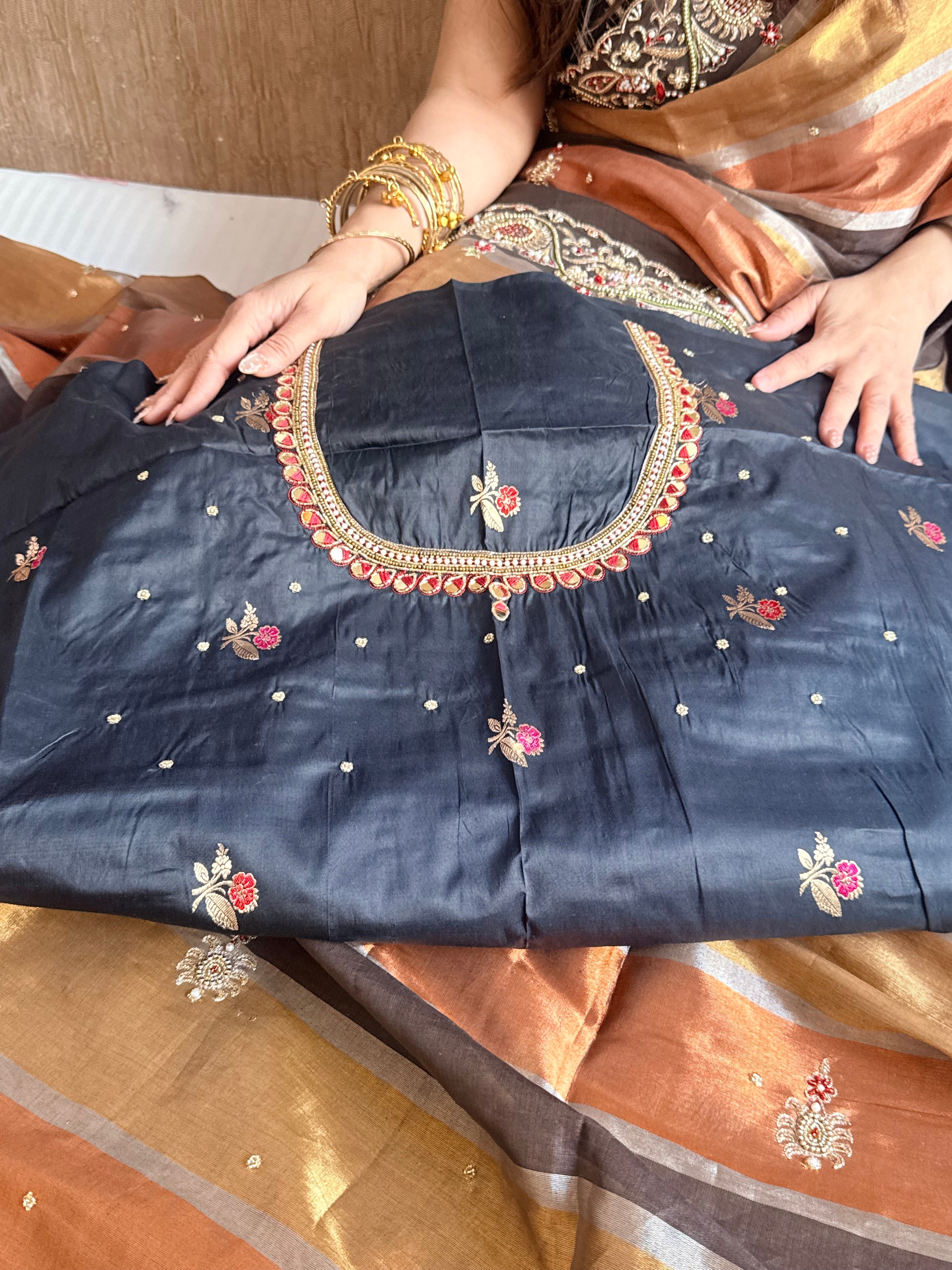 Kanjivaram banarasi tissue silk hand embroidered kadhwa saree with katan silk blouse