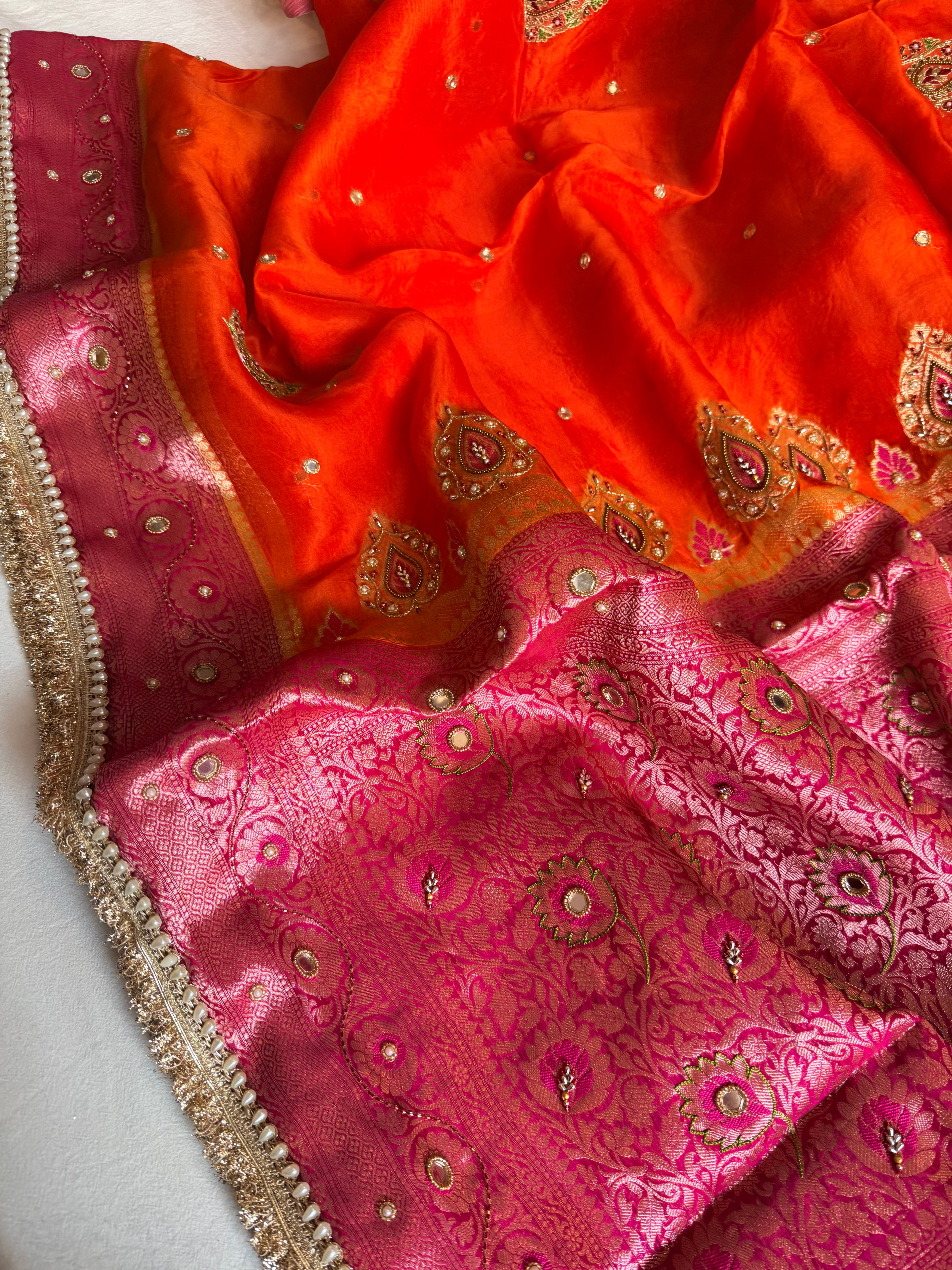 Husn ganga jamuna contrast border kora silk hand embroidered saree