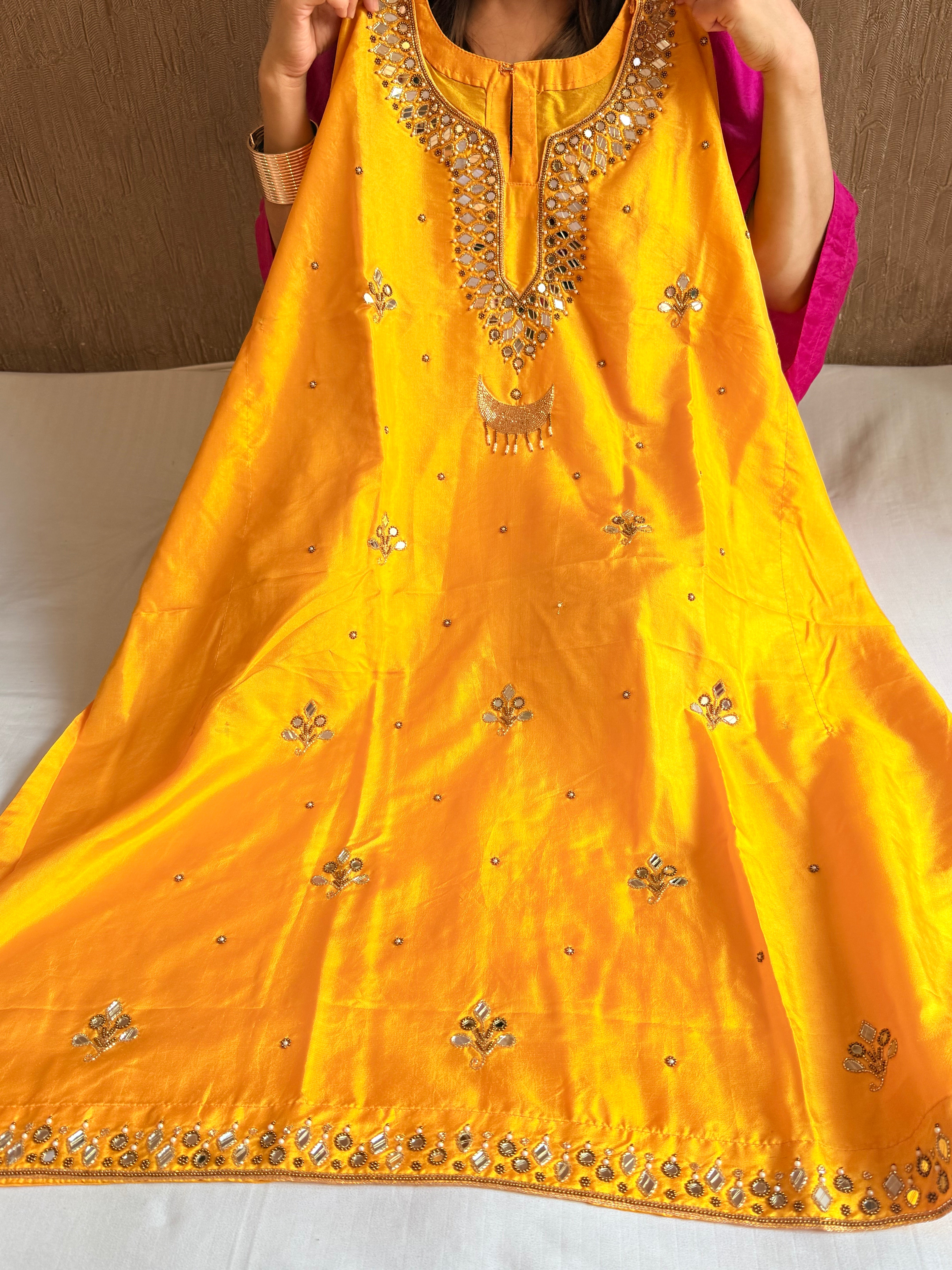 Mashru satin silk banarasi mirrorwork free size kaftan set with bottom