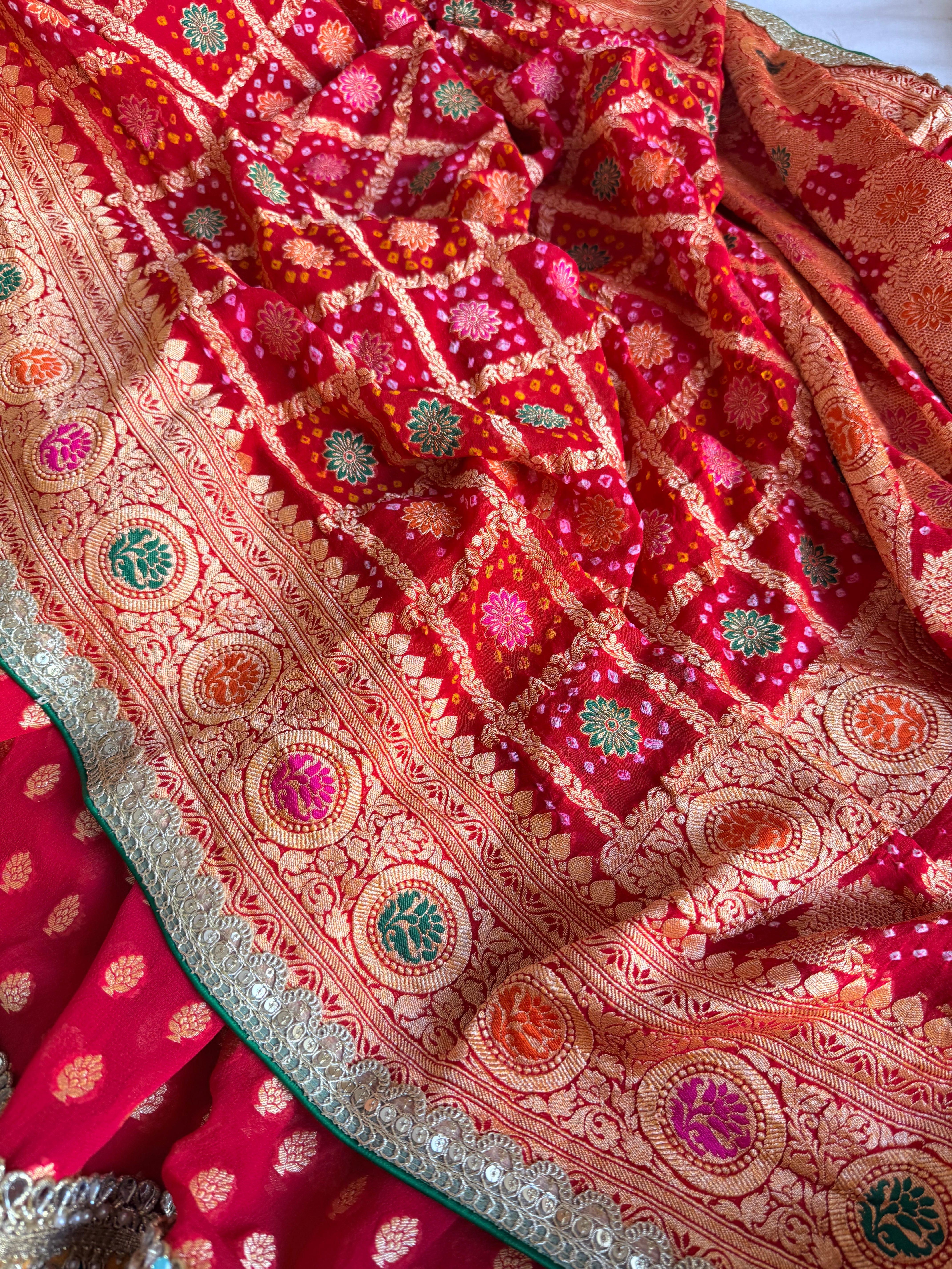 Rai bandhej red banarasi chiffon gorgette gotapatti suits