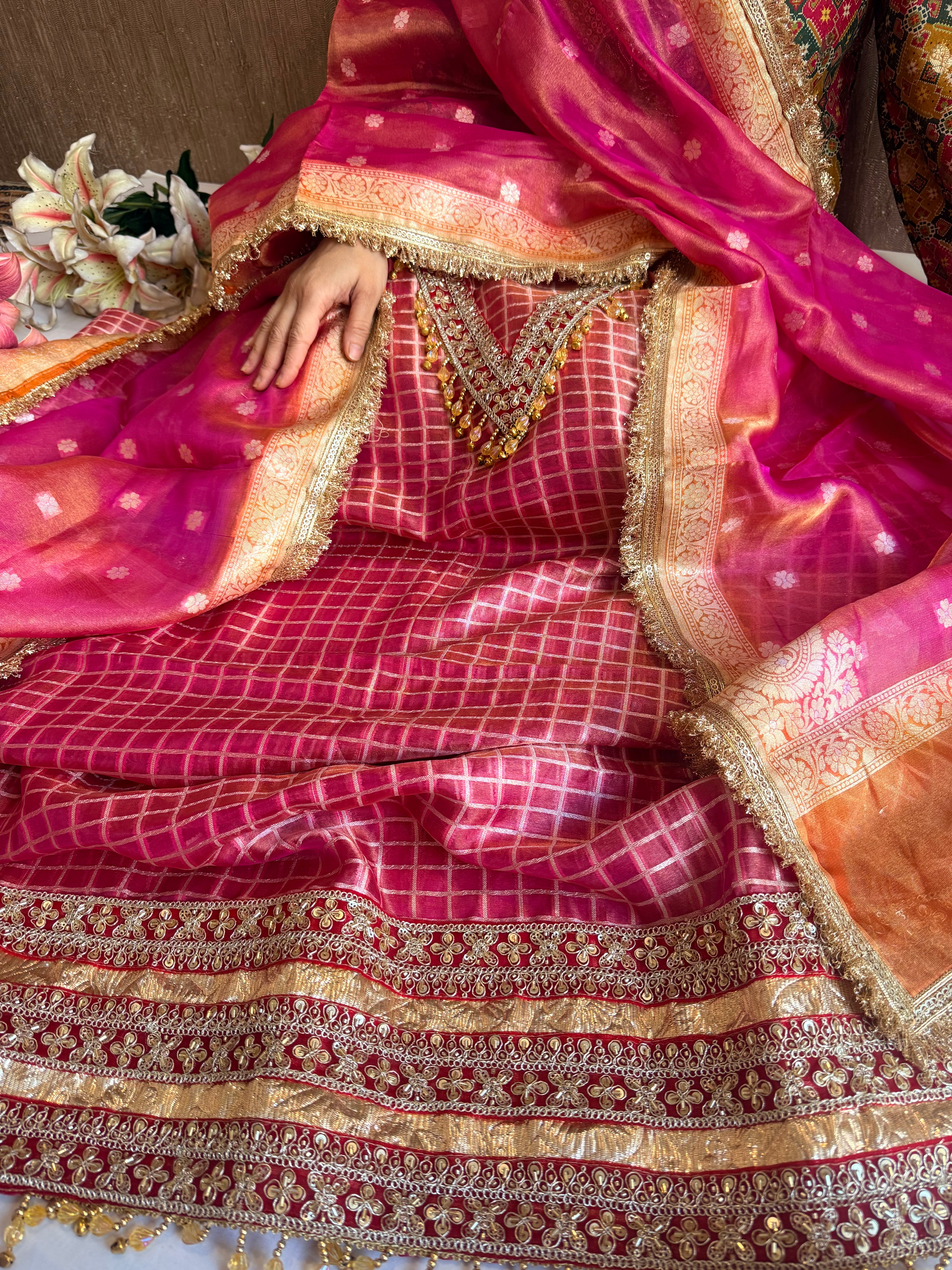 Banarasi tissue silk lampiwork chap dye hand embroidered embellished suit set