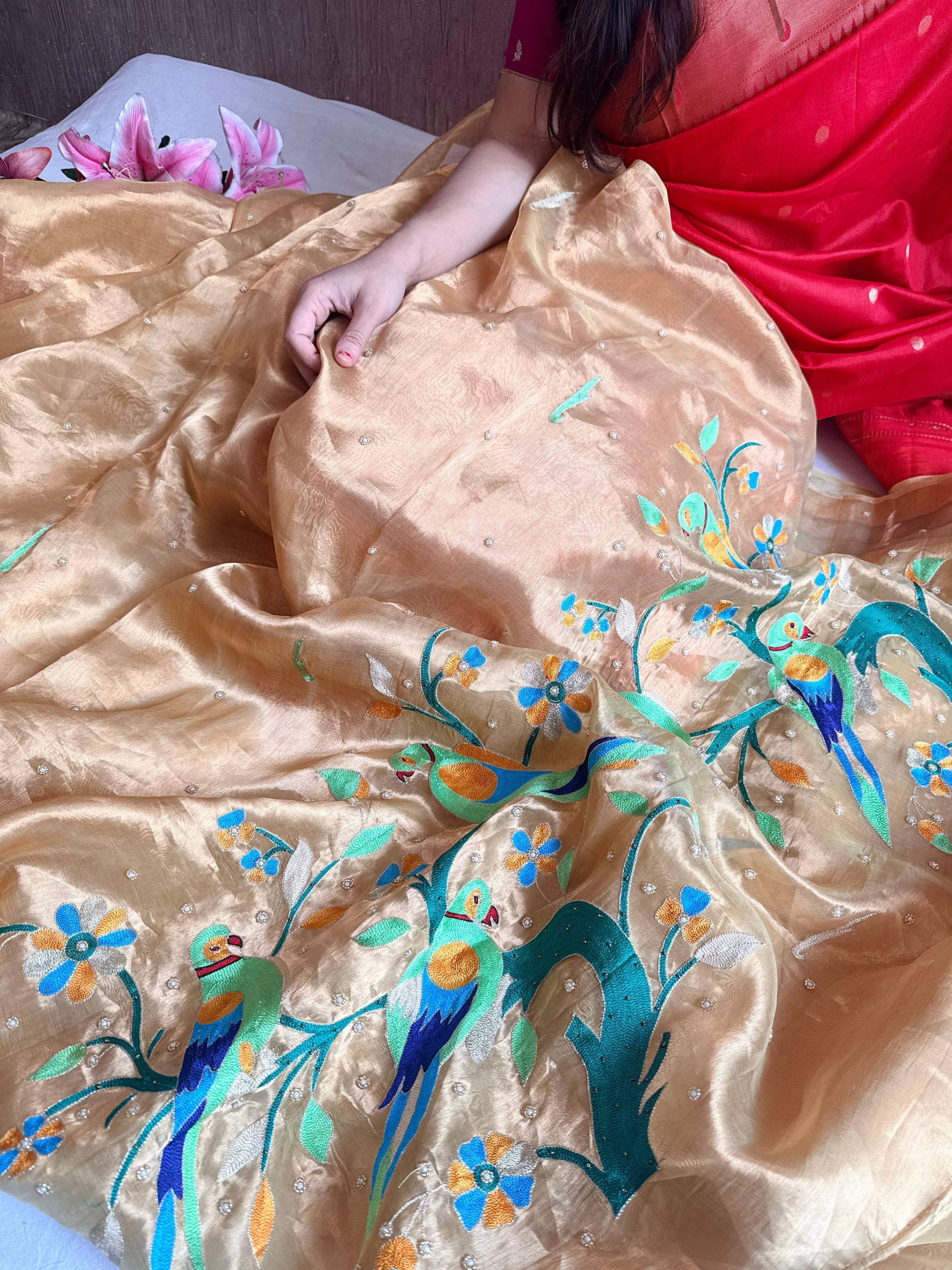Tissue silk champagne gold paithani design inspired hand embroidered saree