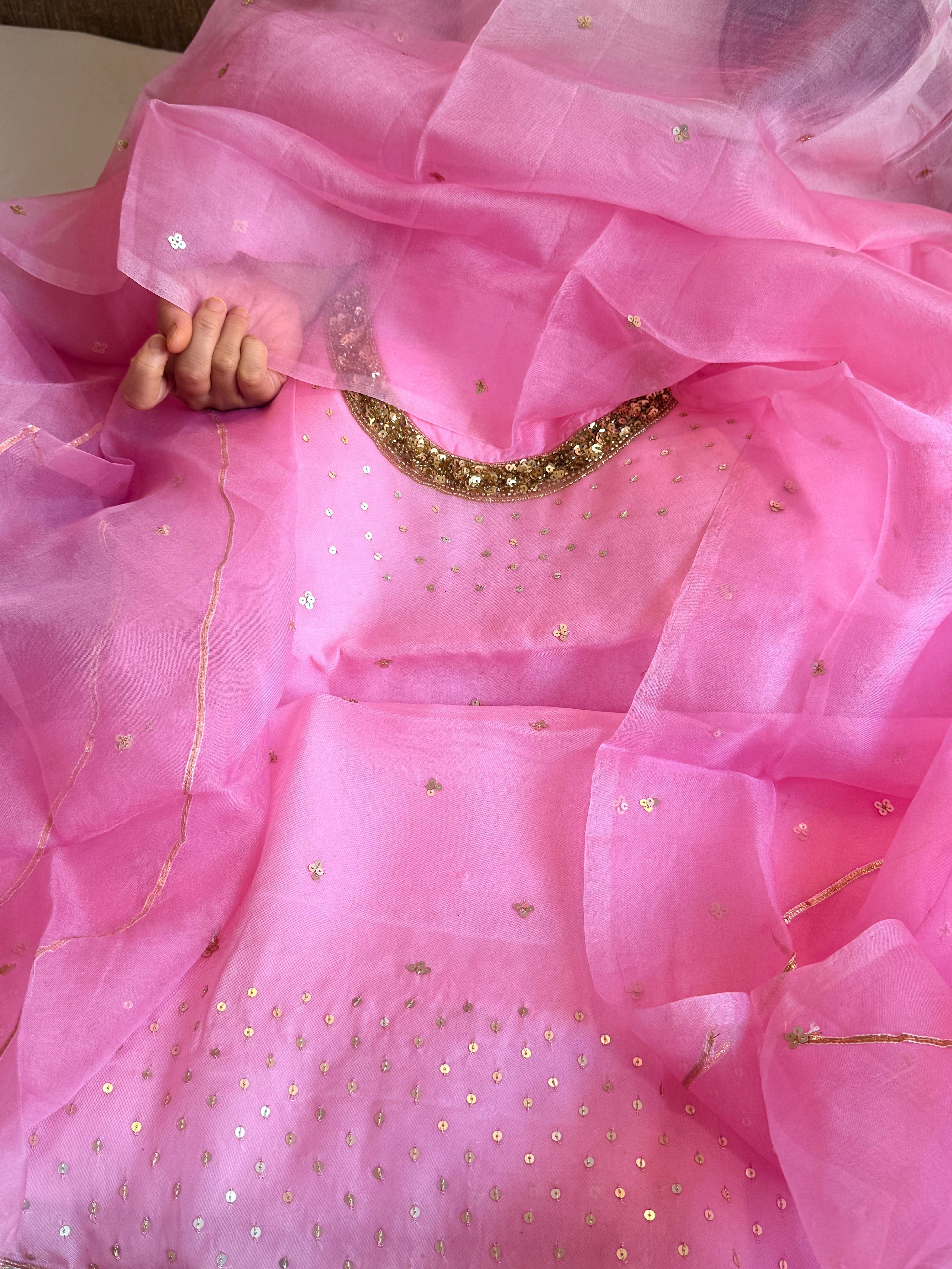Blush lotus pink kora silk hand embroidered kadhwa suit set