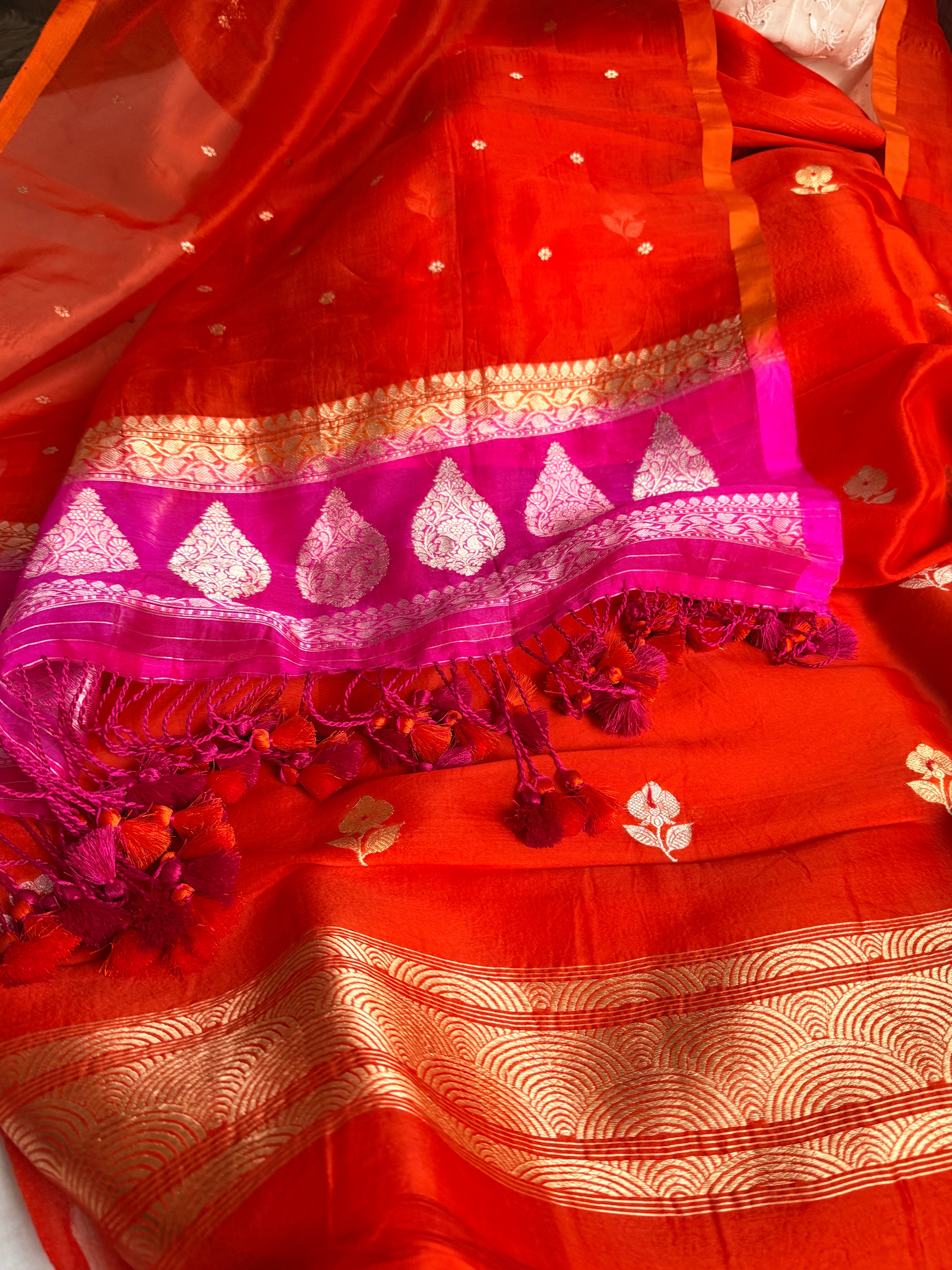 Red rani & orange shaded kora silk chal dye kadhwa banarasi suit set