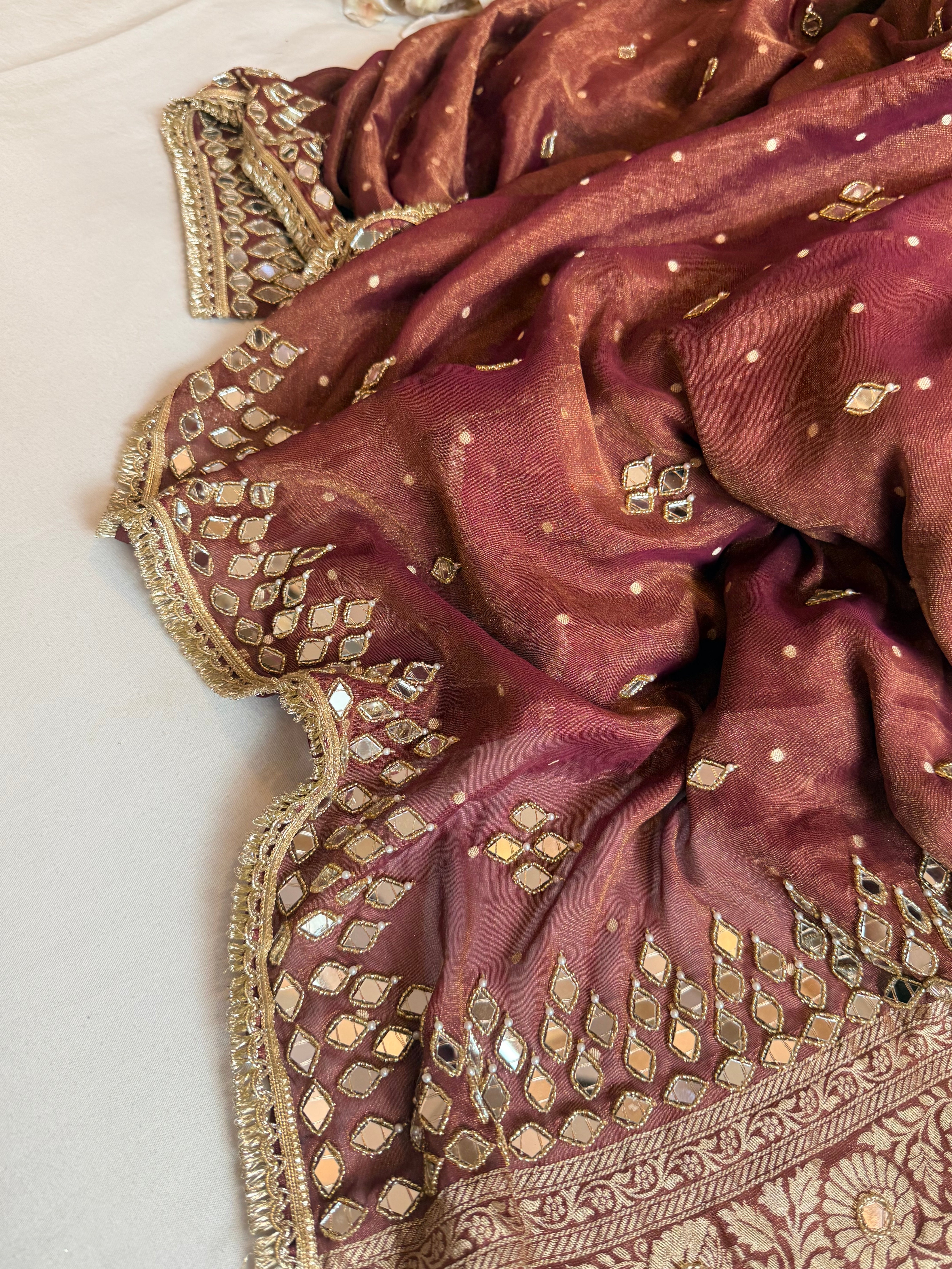 Choco brown tissue gorgette mirror work hand embroidered saree