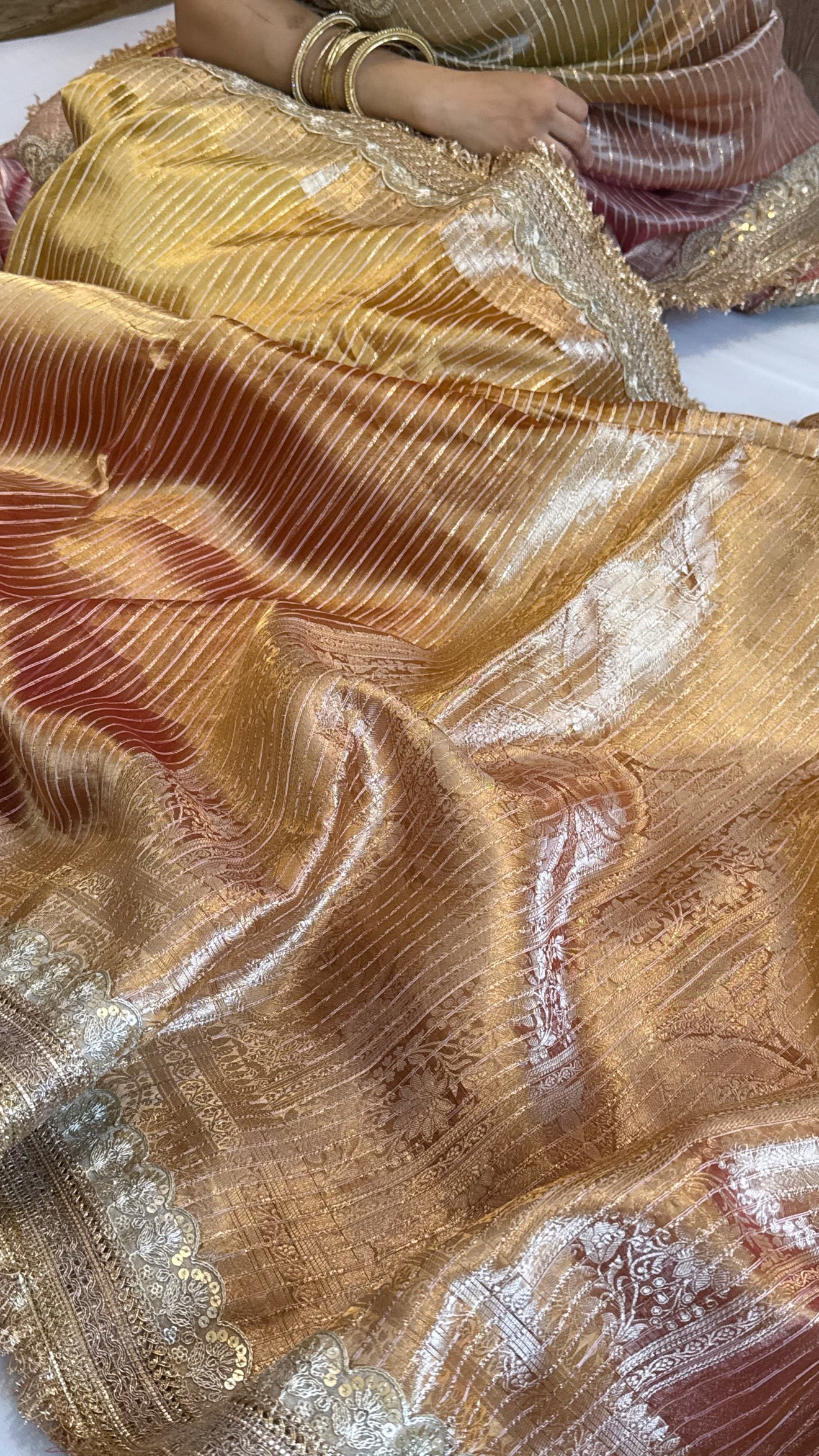 Maharani rang birangi tissue silk zari striped kadhwa saree