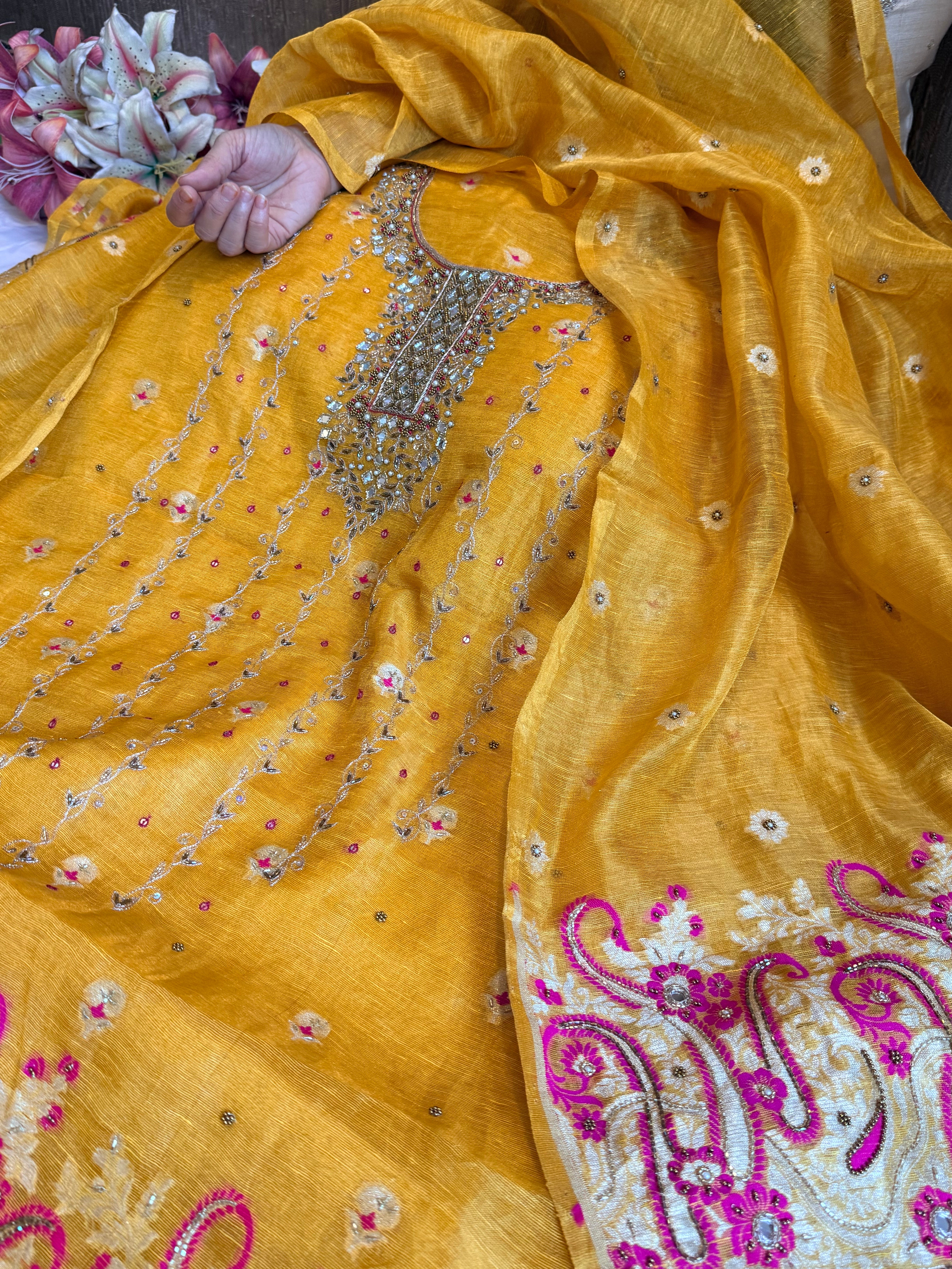 Haldi yellow mul linen tissue silk meenakari hand embroidered suits