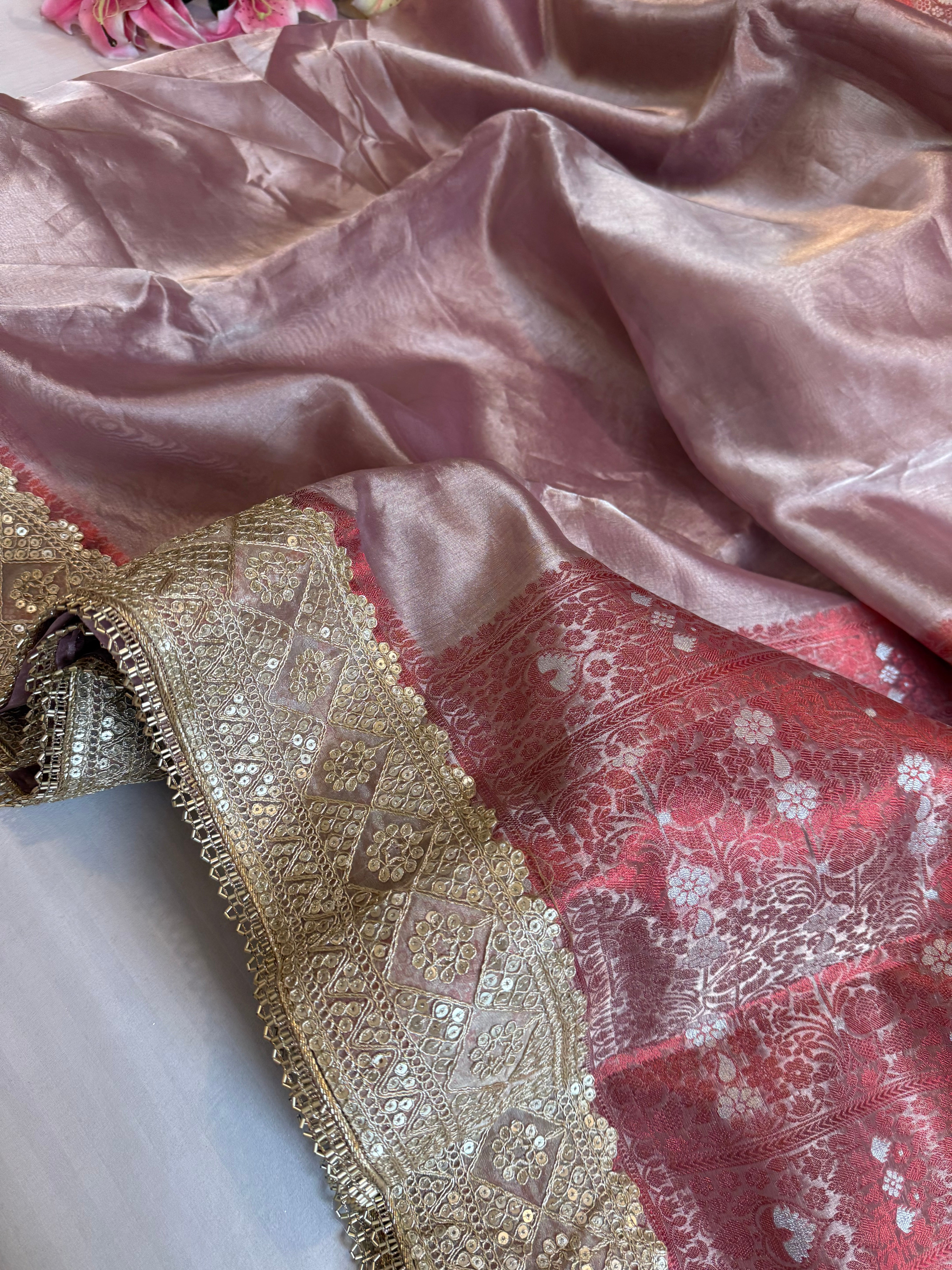 Maharani blush pink tissue silk meenakari kadhwa saree
