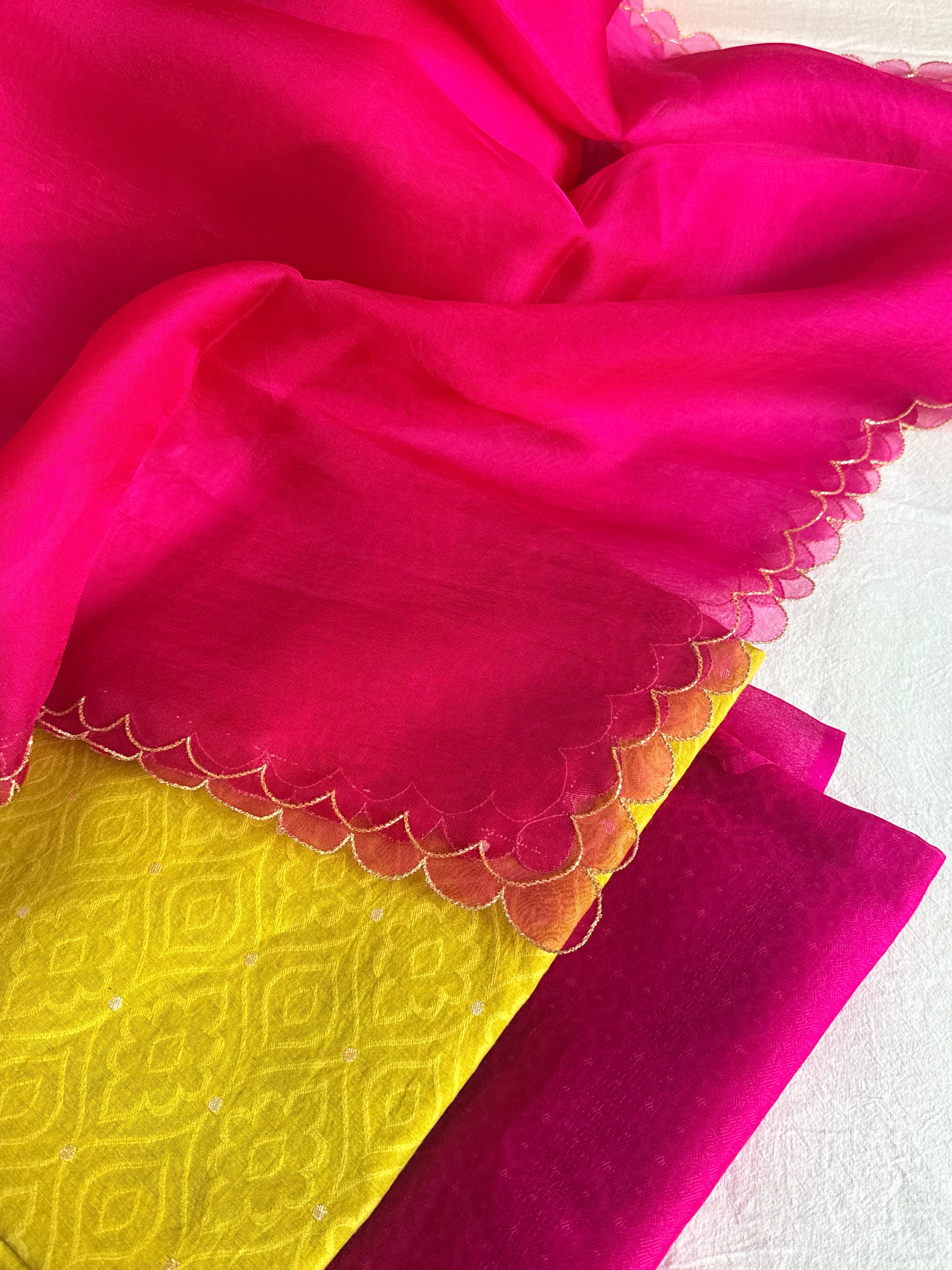 Summer suits under 8k - Mul cotton yellow kurta paired with rani scalloped kora silk duppata