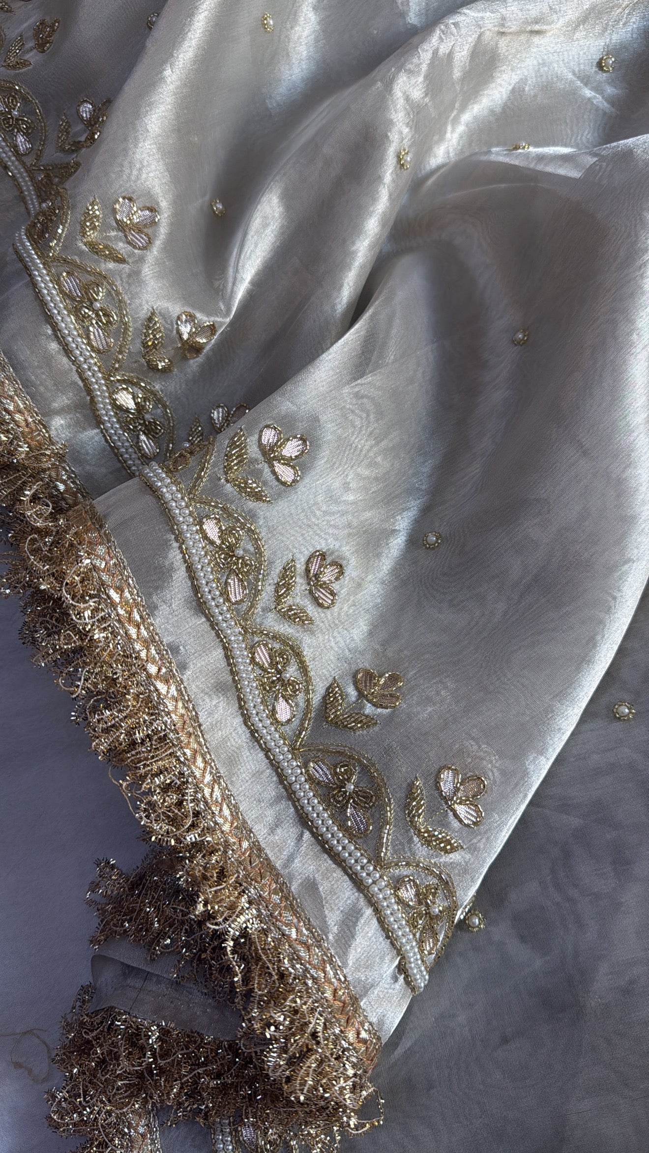 “Tara sutaria” tissue diamond tanchoi silk hand embroidered uljhi gotapatti saree