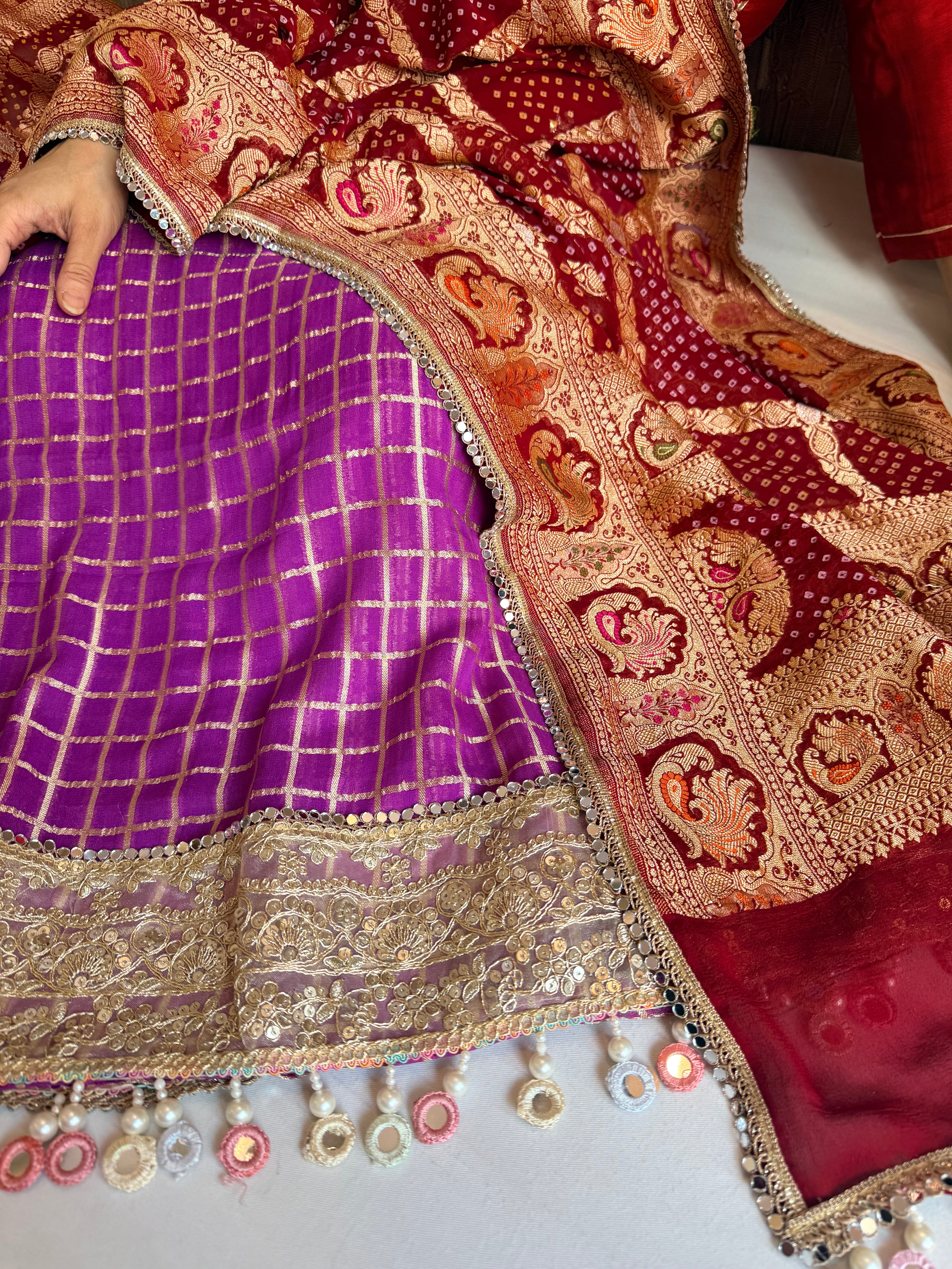 Banarasi chiffon gorgette bandhej gharchola weaving suit set