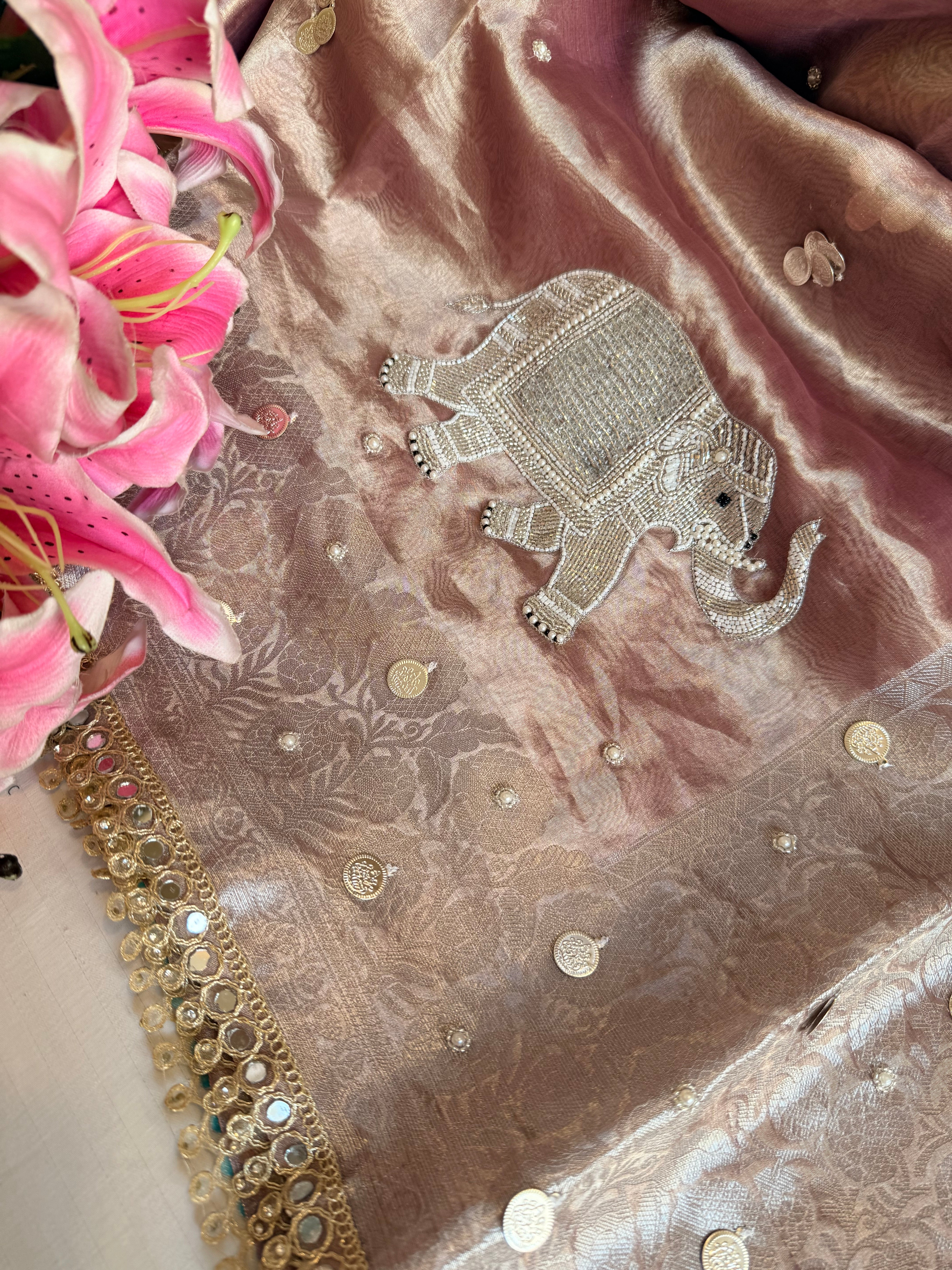 Gulabi jadau edit - Rose peach tissue silk jadau work hand embroidered saree