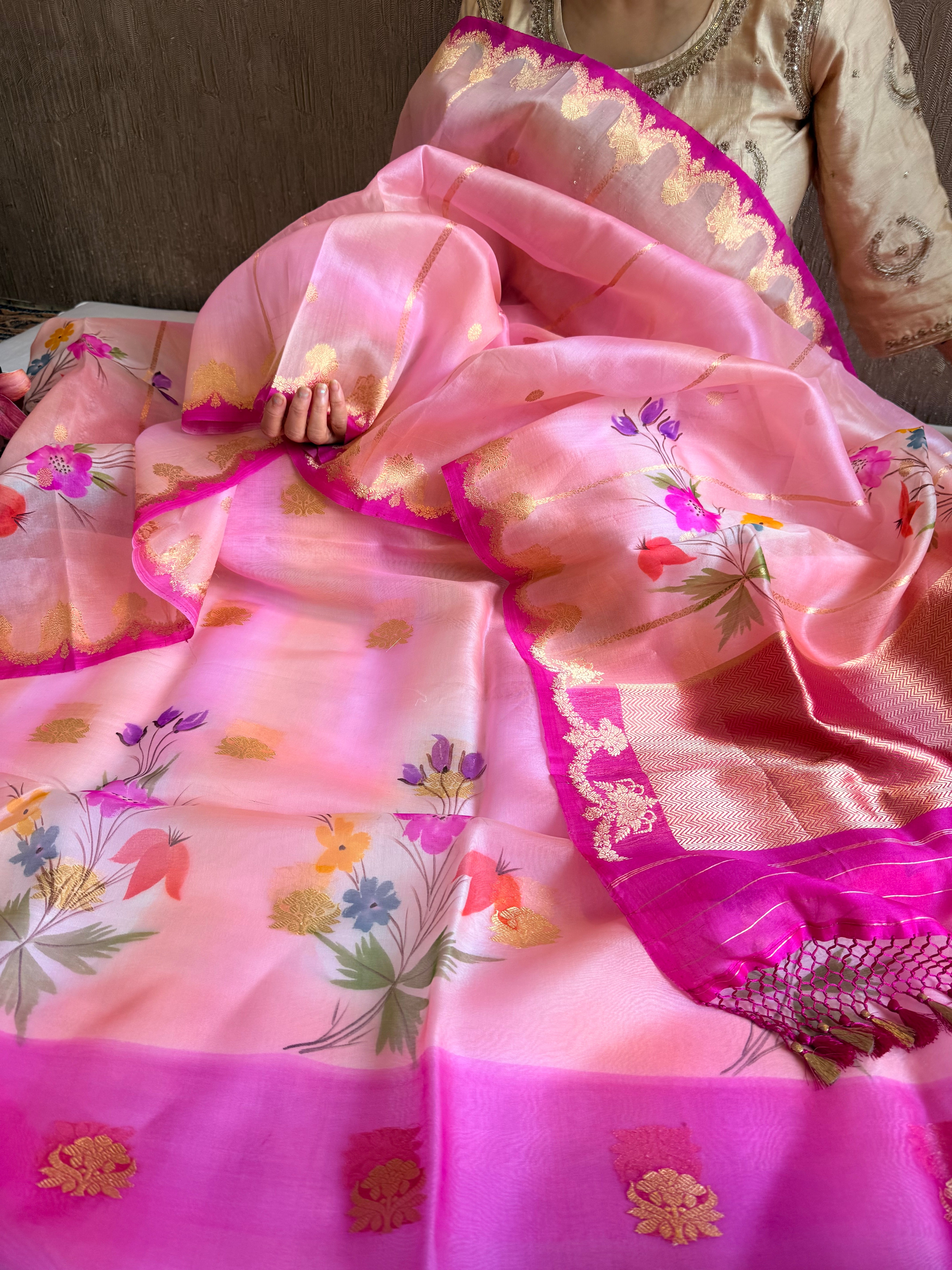 Rainbow dyed kora silk handpainted brush dyed banarasi suit sets