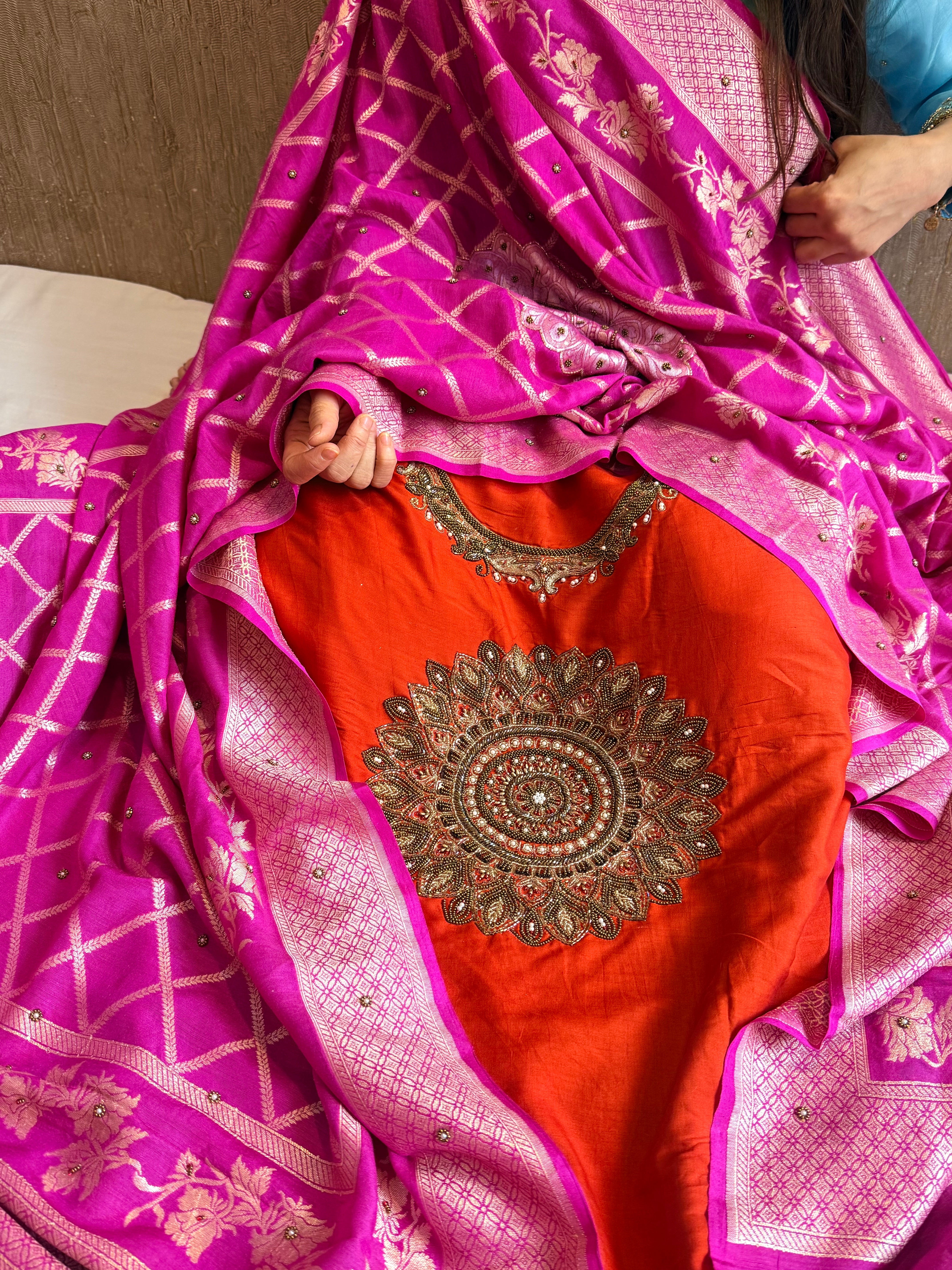 Burnt orange - Hot pink spun chiniya silk hand embroidered mandala work suit set