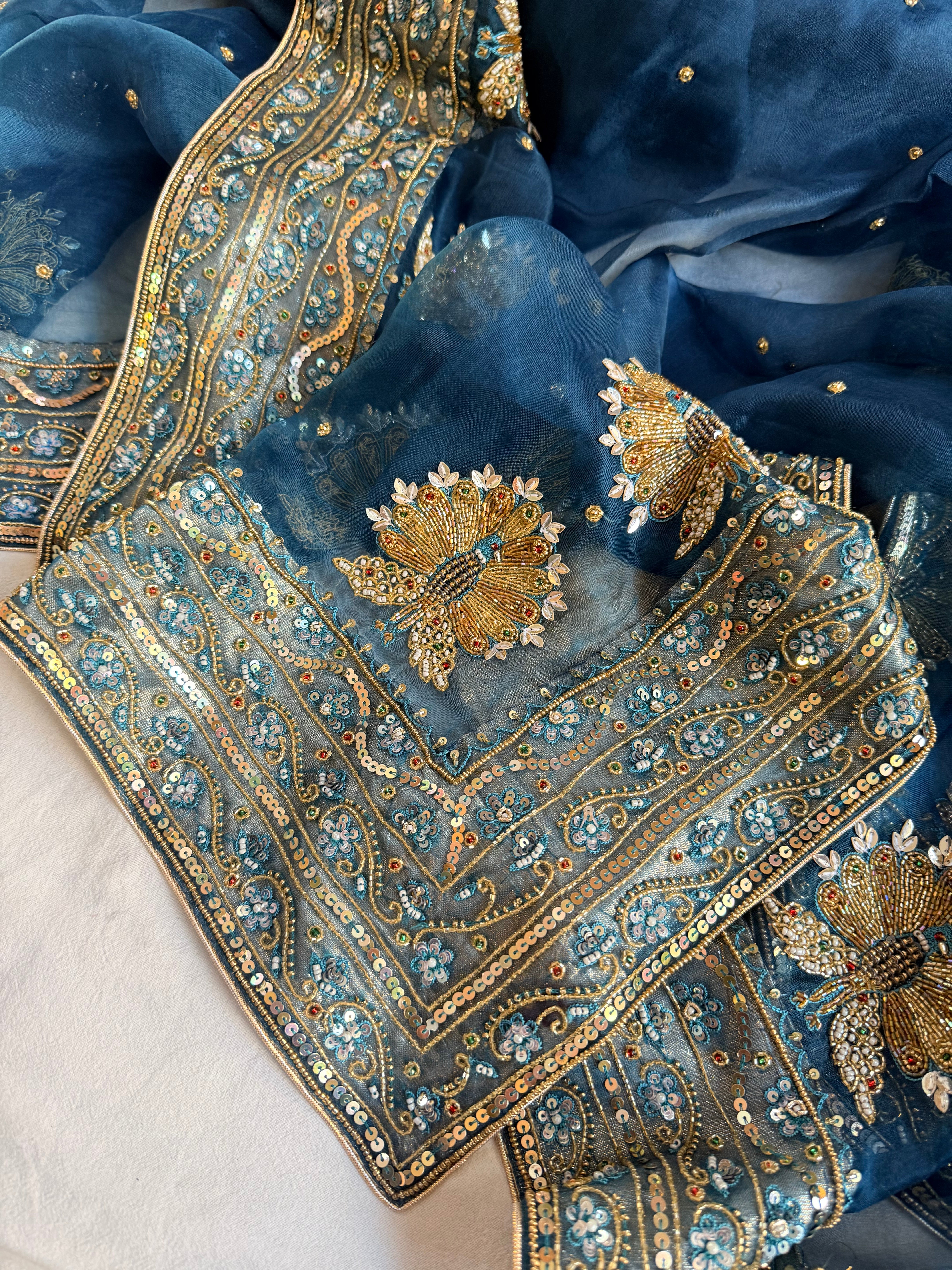 Morpankh edit - Peacock blue kora silk zardozi hand embroidered mor motif saree