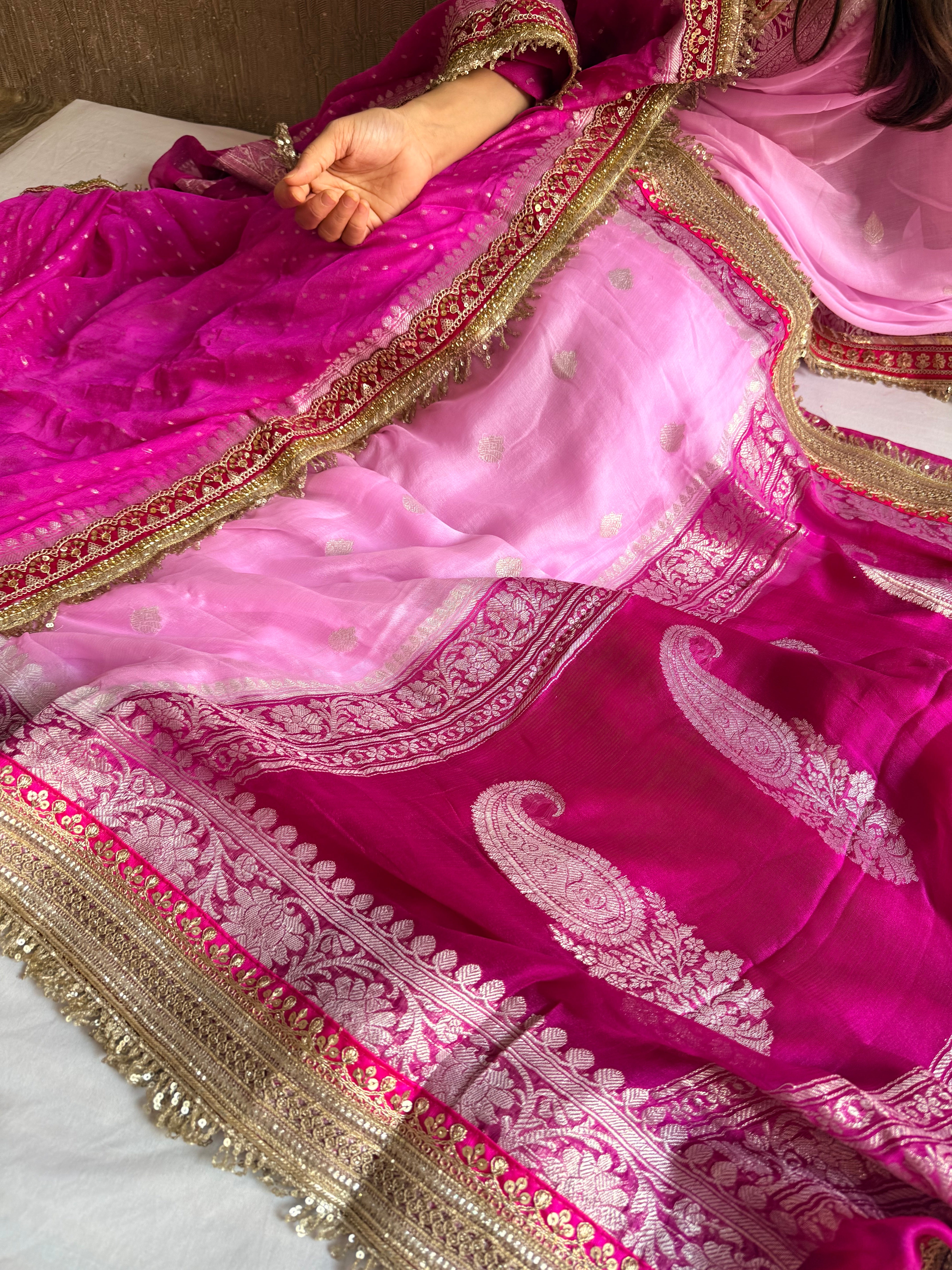 Sridevi edit - Chiffon banarasi gorgette chap dye kadhwa saree duppata set