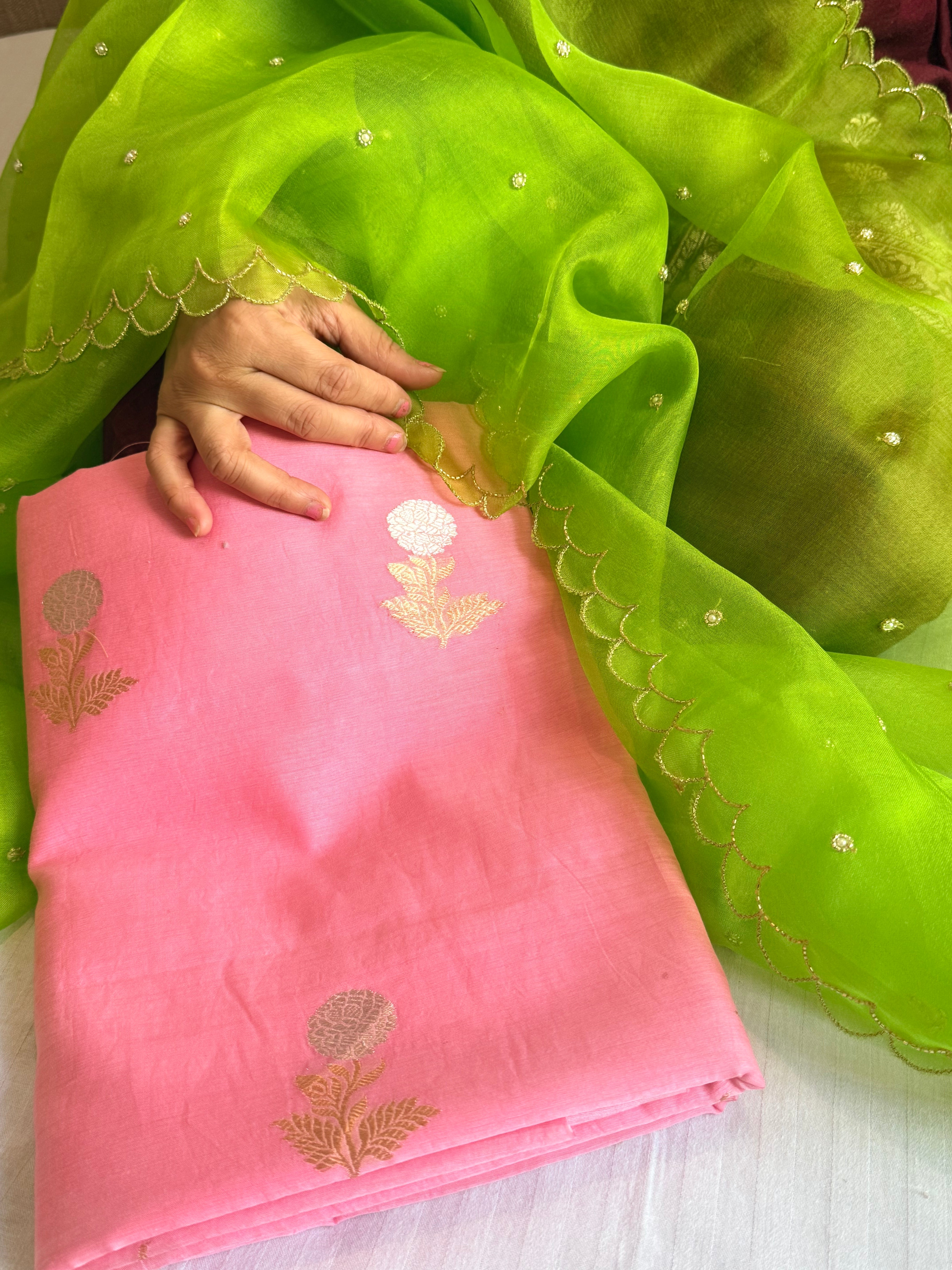 Handloom cotton sona rupa kurta paired with kora silk scalloped duppata set