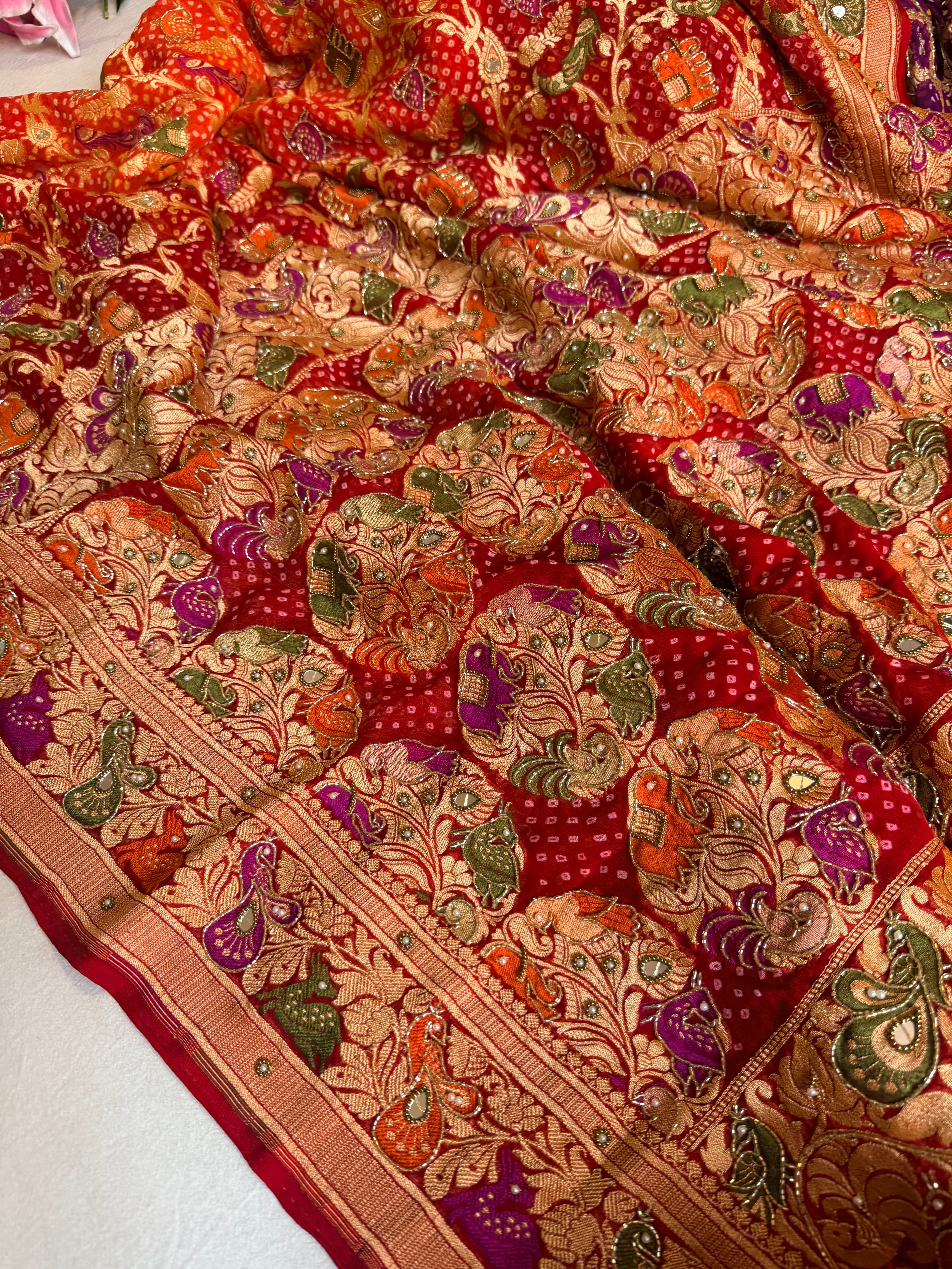 Banarasi chiffon gorgette rai bandhej kadhwa weaving hand embroidered saree
