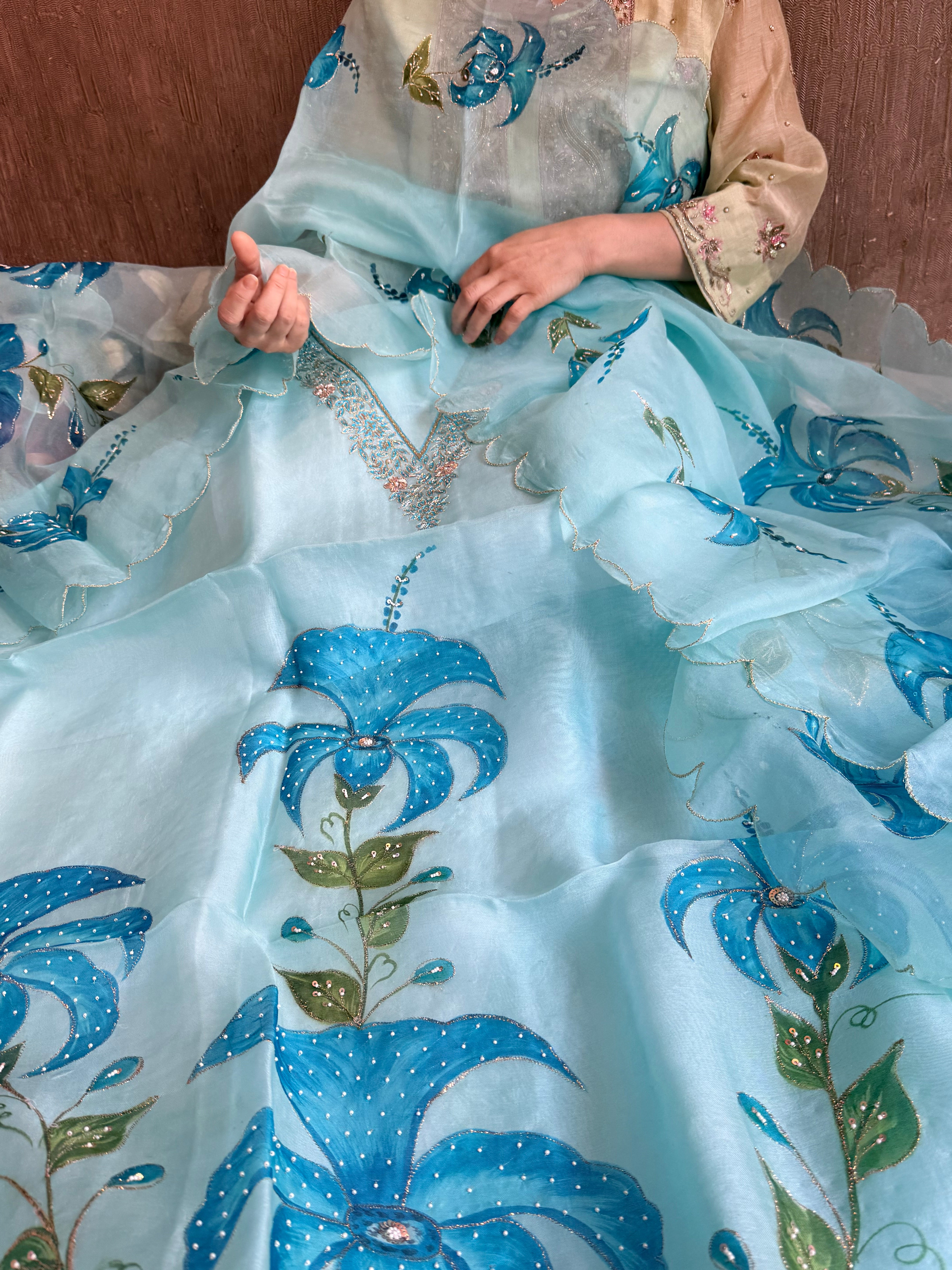 Banarasi Kora silk hand embroidered floral printed suit set