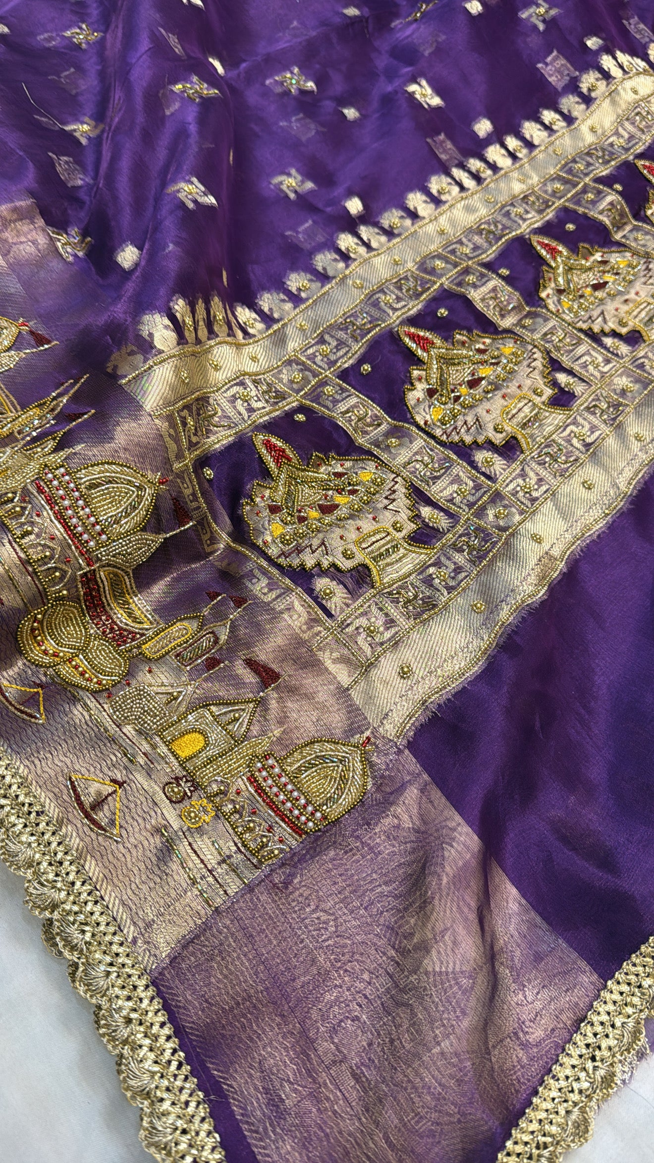 Gangaghat edit midnight purple hand embroidered tissue silk saree