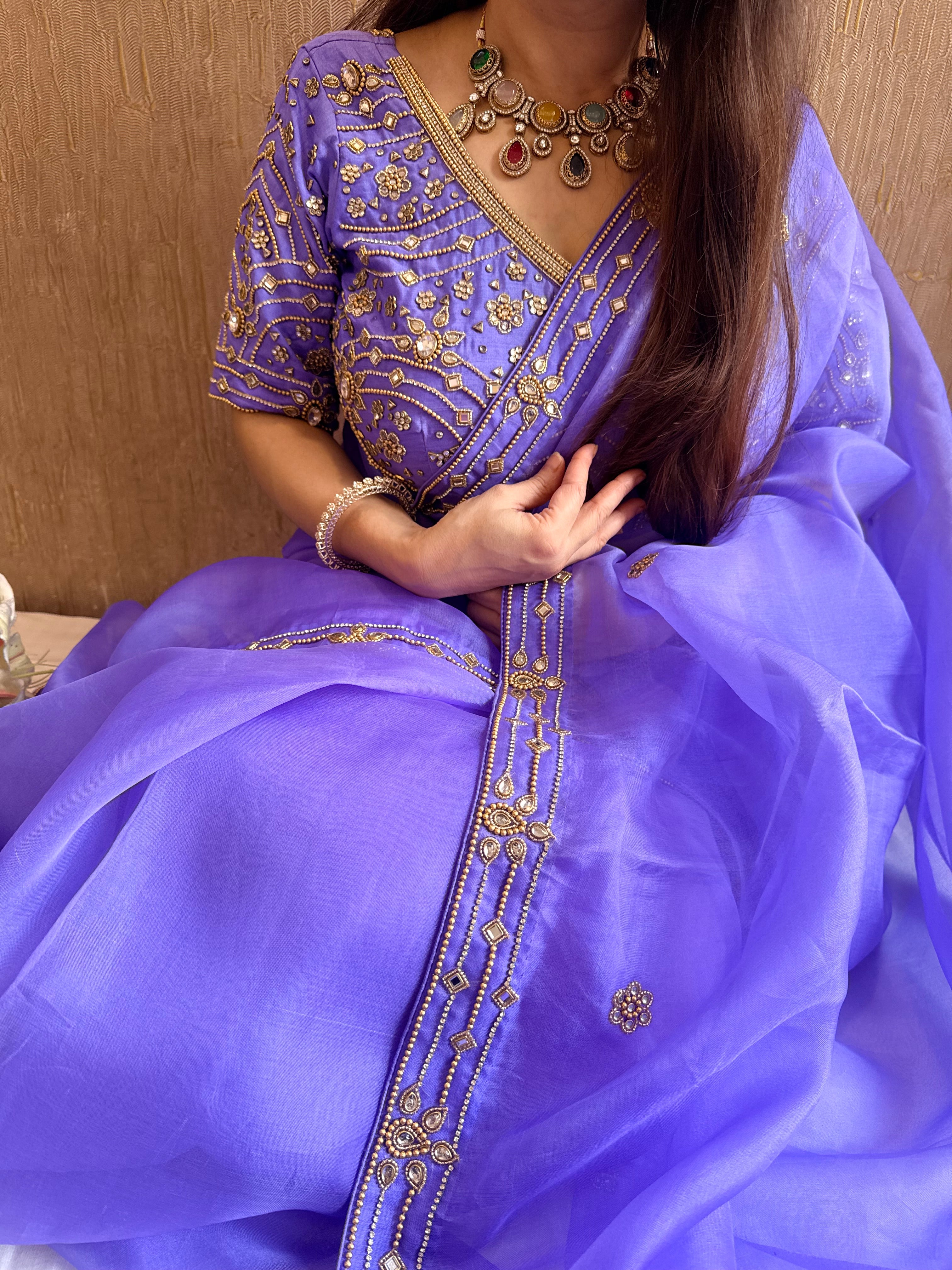 Banarasi violet kora silk polki hand embroidered kadhwa saree
