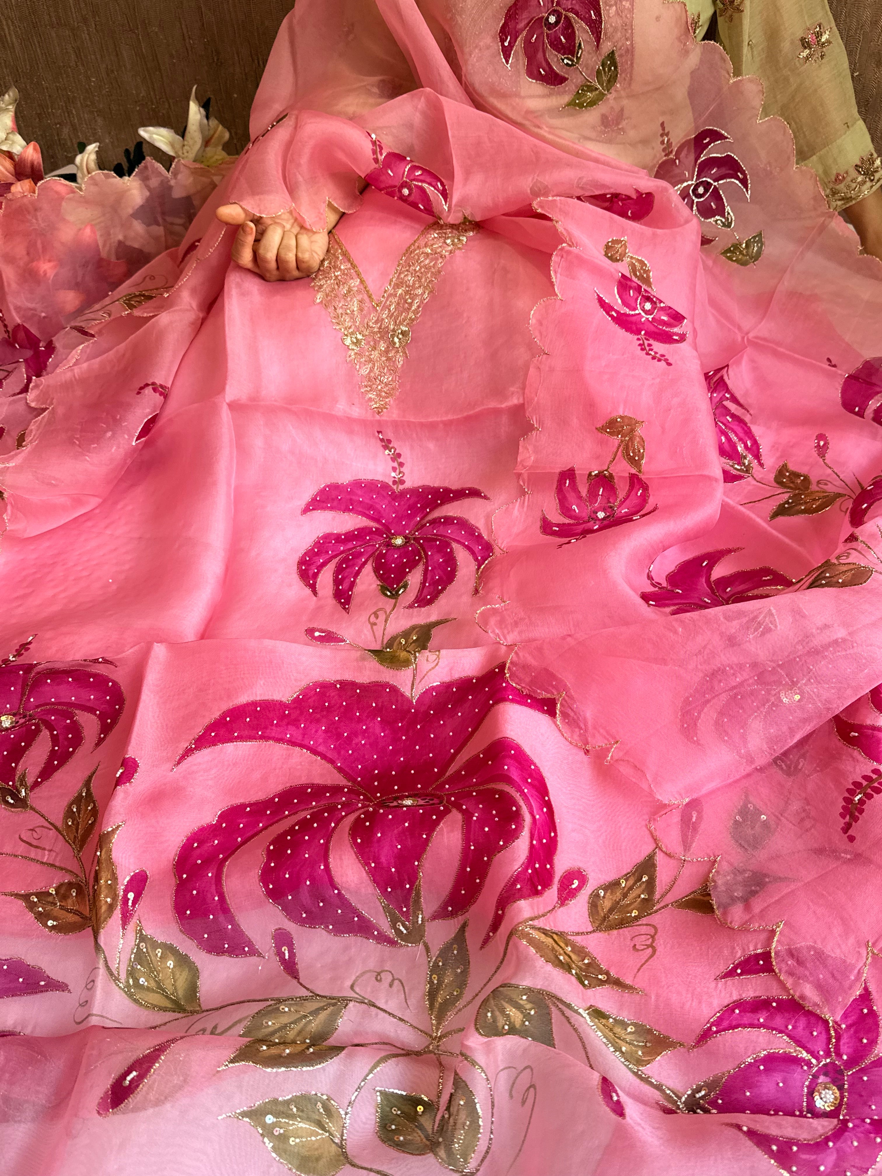 Banarasi Kora silk hand embroidered floral printed suit set