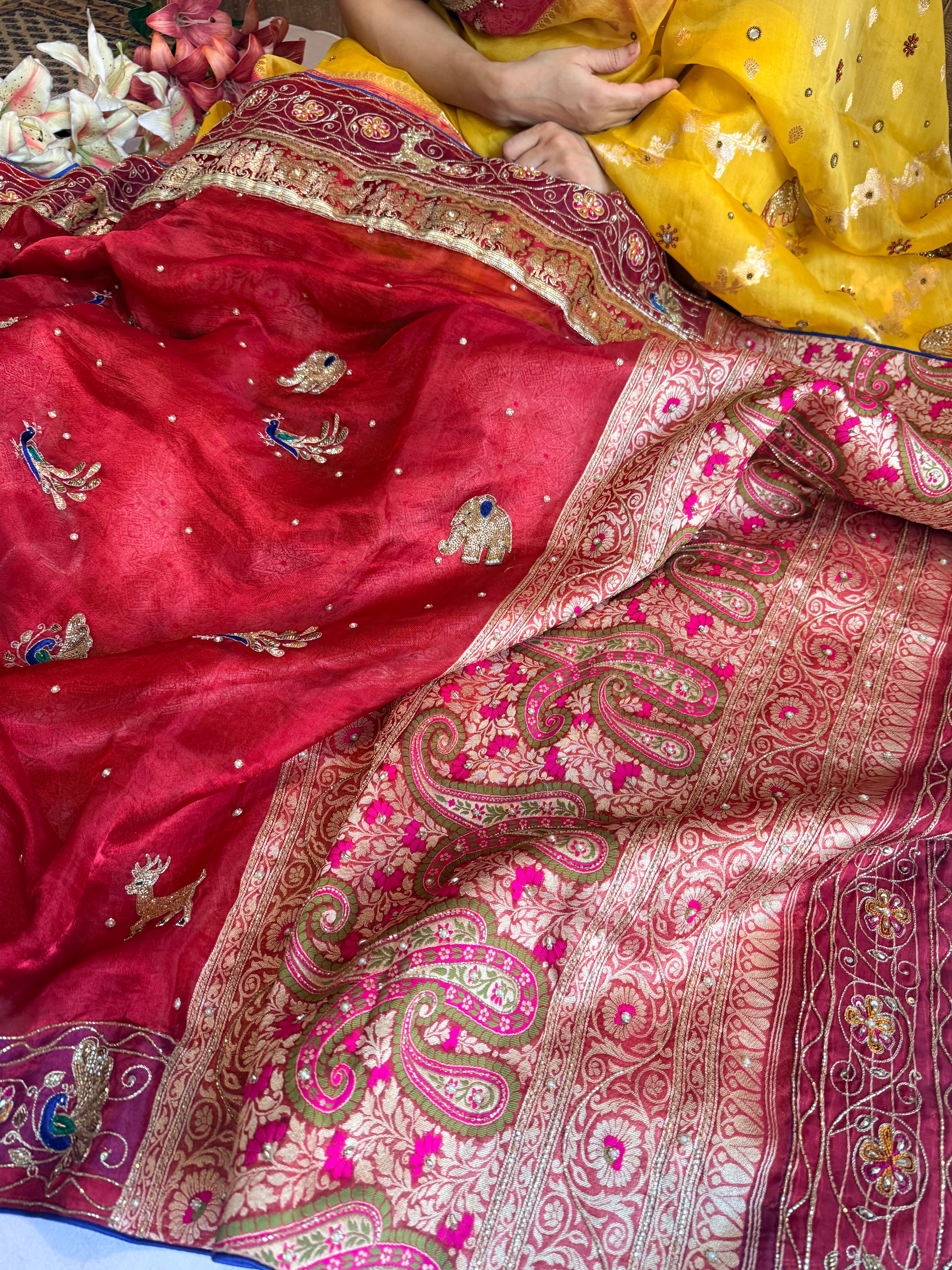 Laal banarasi border phere wali tissue silk meenakari hand embroidered saree