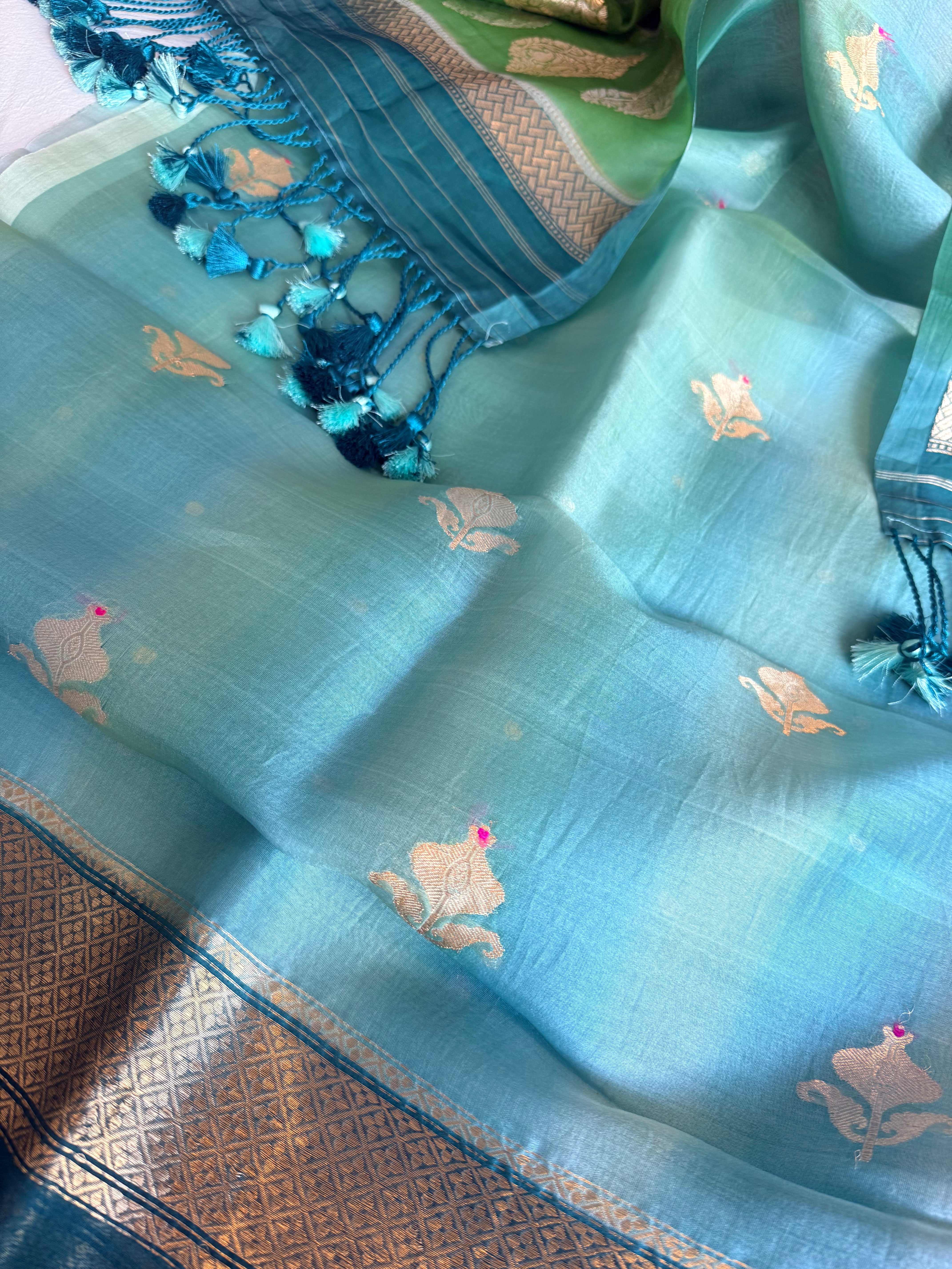Ice blue shaded kora silk rainbow dye kadhwa banarasi suit set